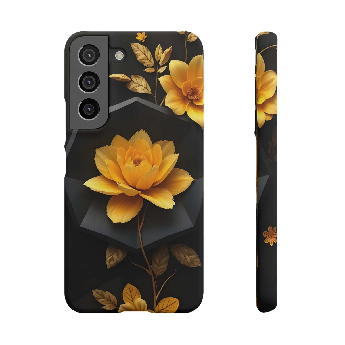 Black phone case with yellow blossom artwork, back camera cutout and side view