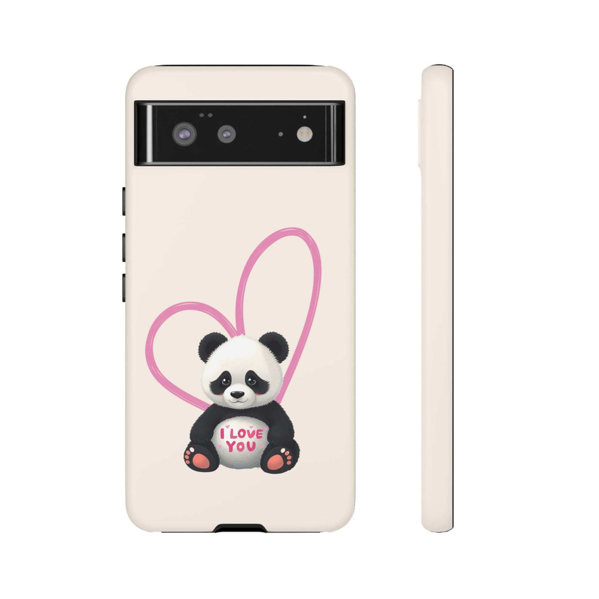 Cream slim phone case showing panda with pink heart outline on the back
