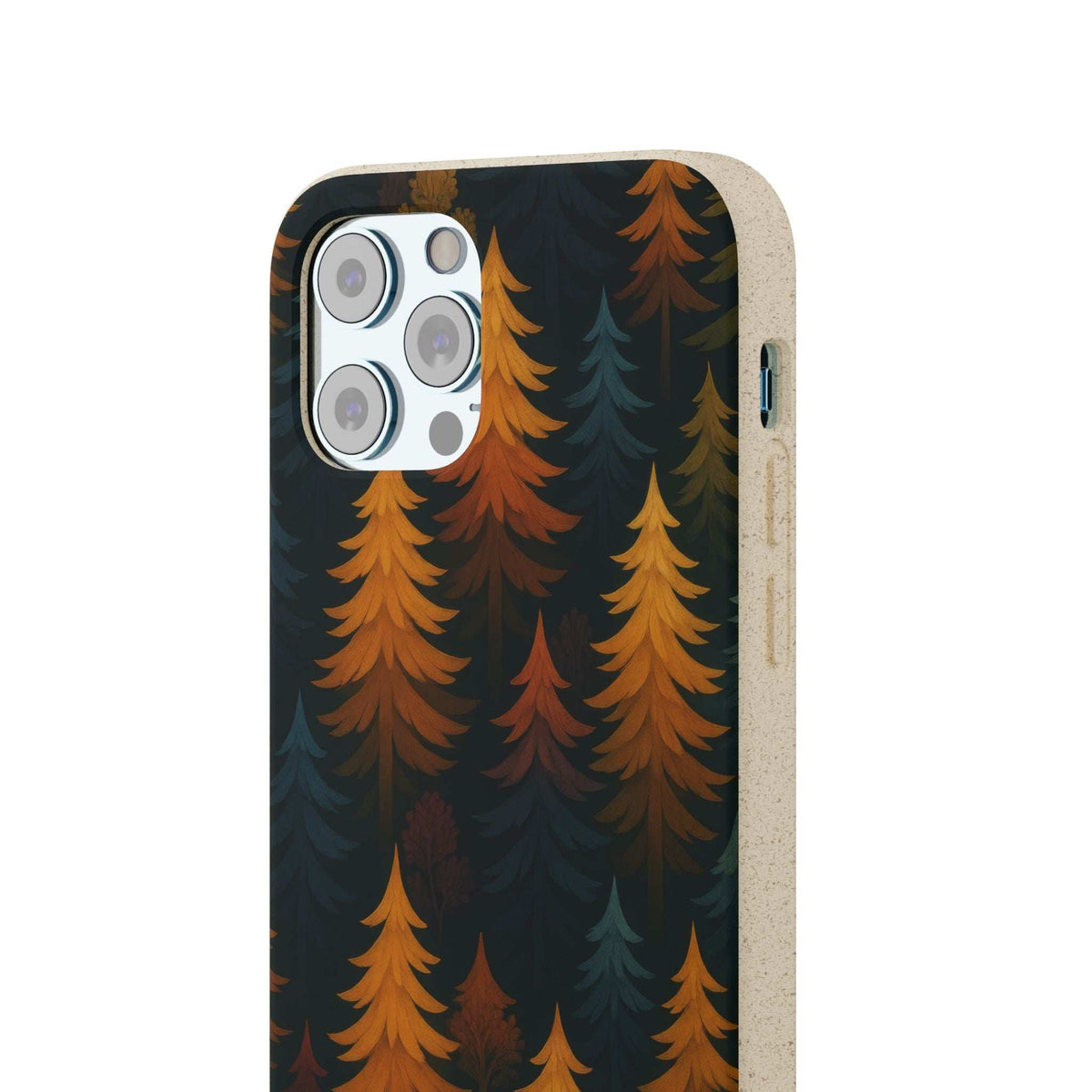 Biodegradable phone case with dark forest trees in orange and teal tones