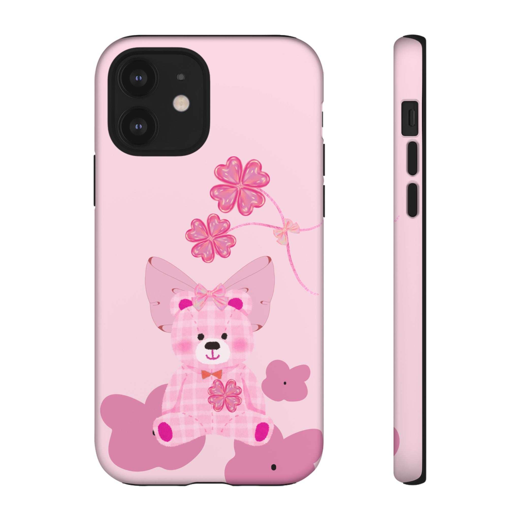 Pink teddy bear phone case with floral bow; back and side view with port cutouts.
