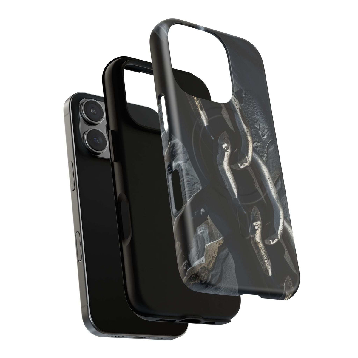 Protective phone case with dark edges and clear cover displaying metallic chain motif.