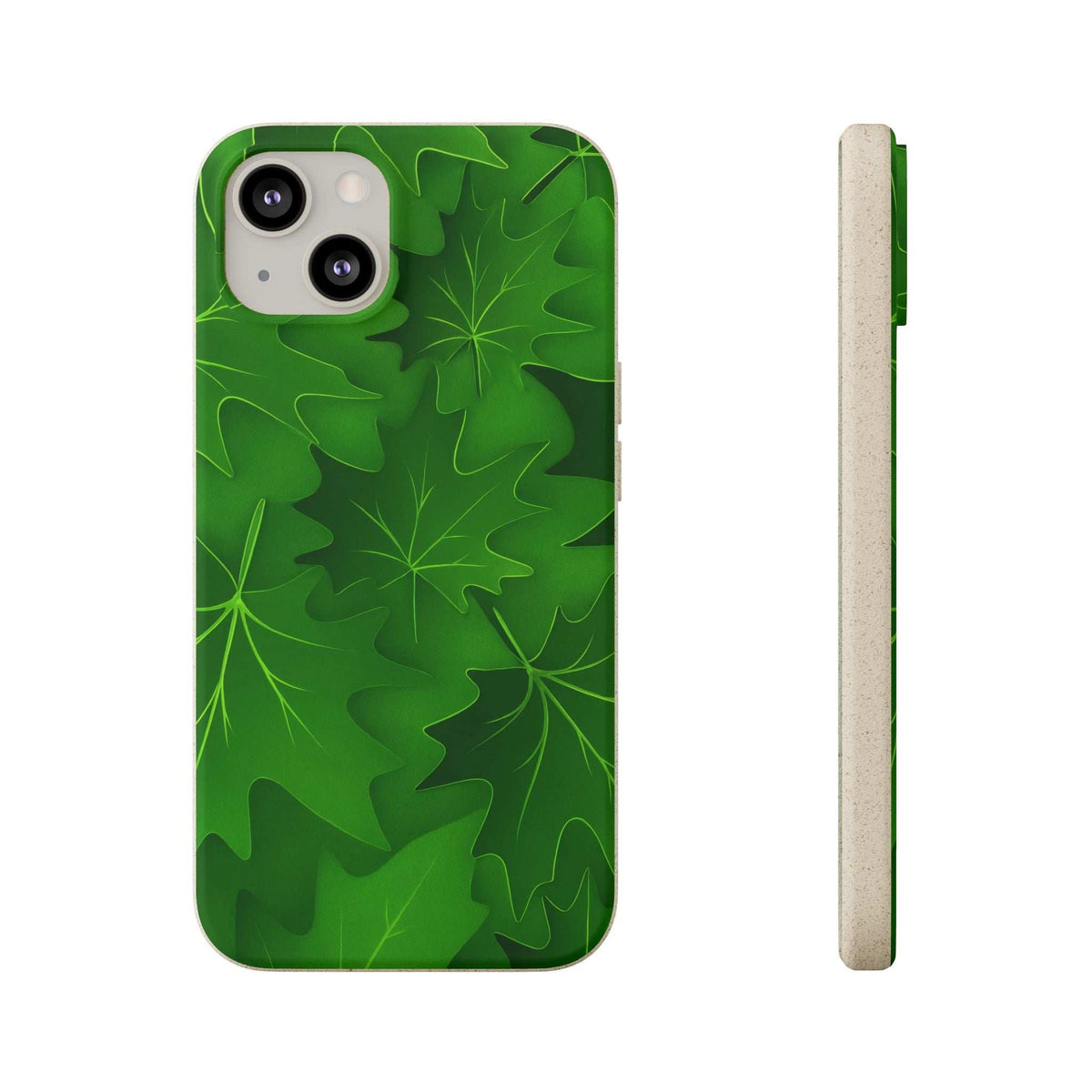 Phone case with green botanical leaf pattern, back view with camera cutout and side