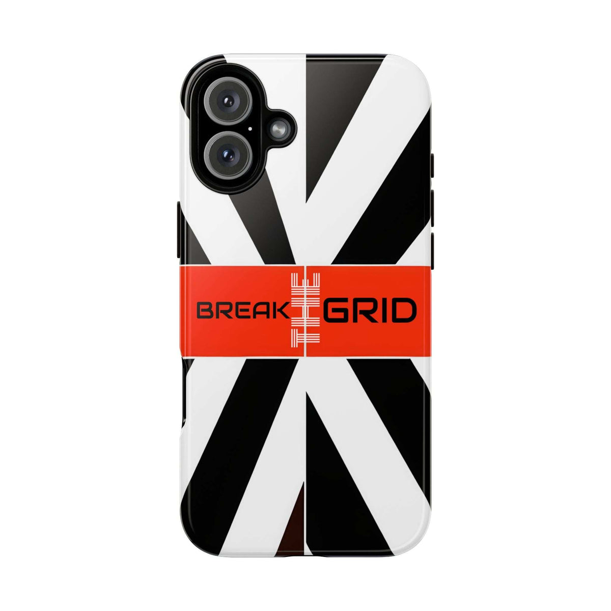 Phone case with black-and-white stripes and orange BREAK GRID band, front view with camera cutouts
