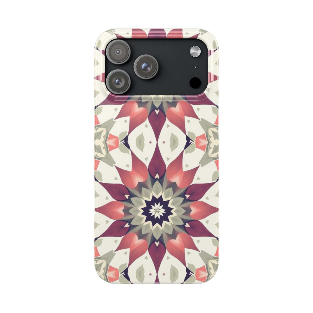 iPhone phone case with burgundy mandala floral pattern and dark camera cutouts