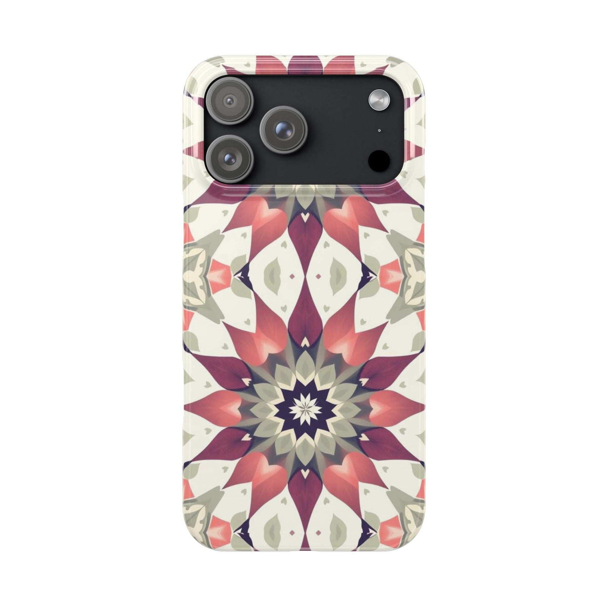 iPhone phone case with burgundy mandala floral pattern and dark camera cutouts