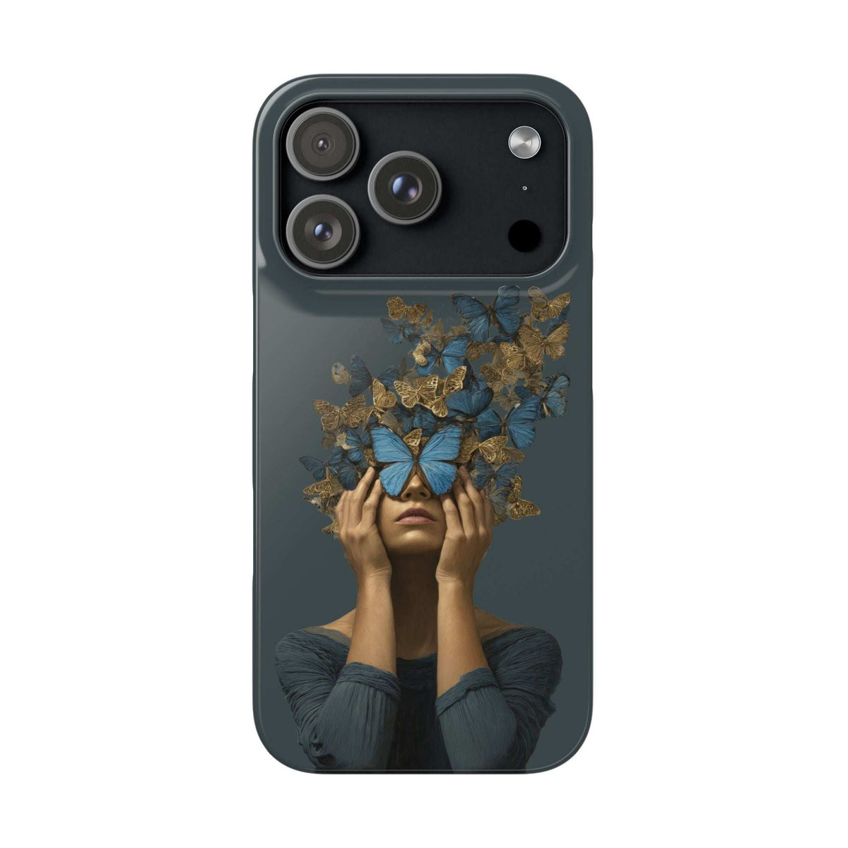 Phone case with dark blue butterfly crown artwork and gold branches; camera lenses on left