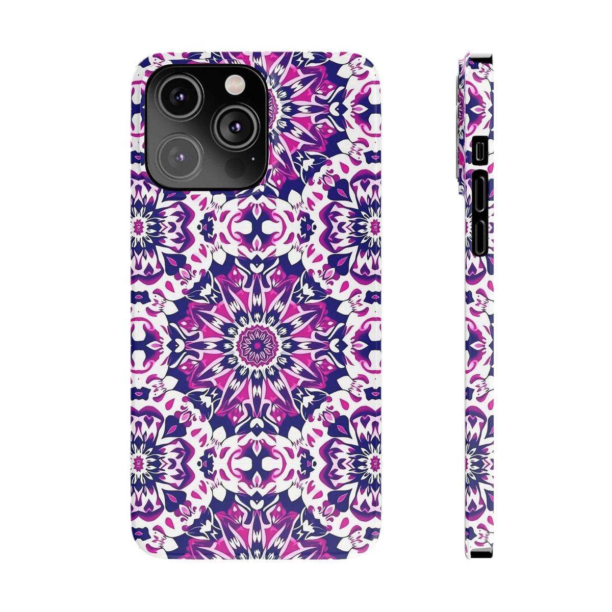 Purple and white mandala phone case, front view with camera lens cutouts and side buttons