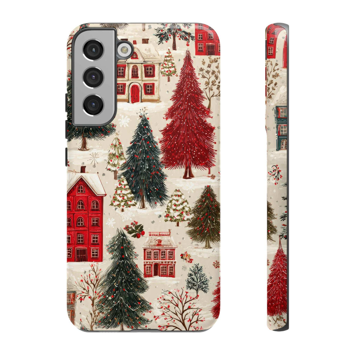 Winter village phone case with snowy red houses and evergreen trees, front camera cutouts.