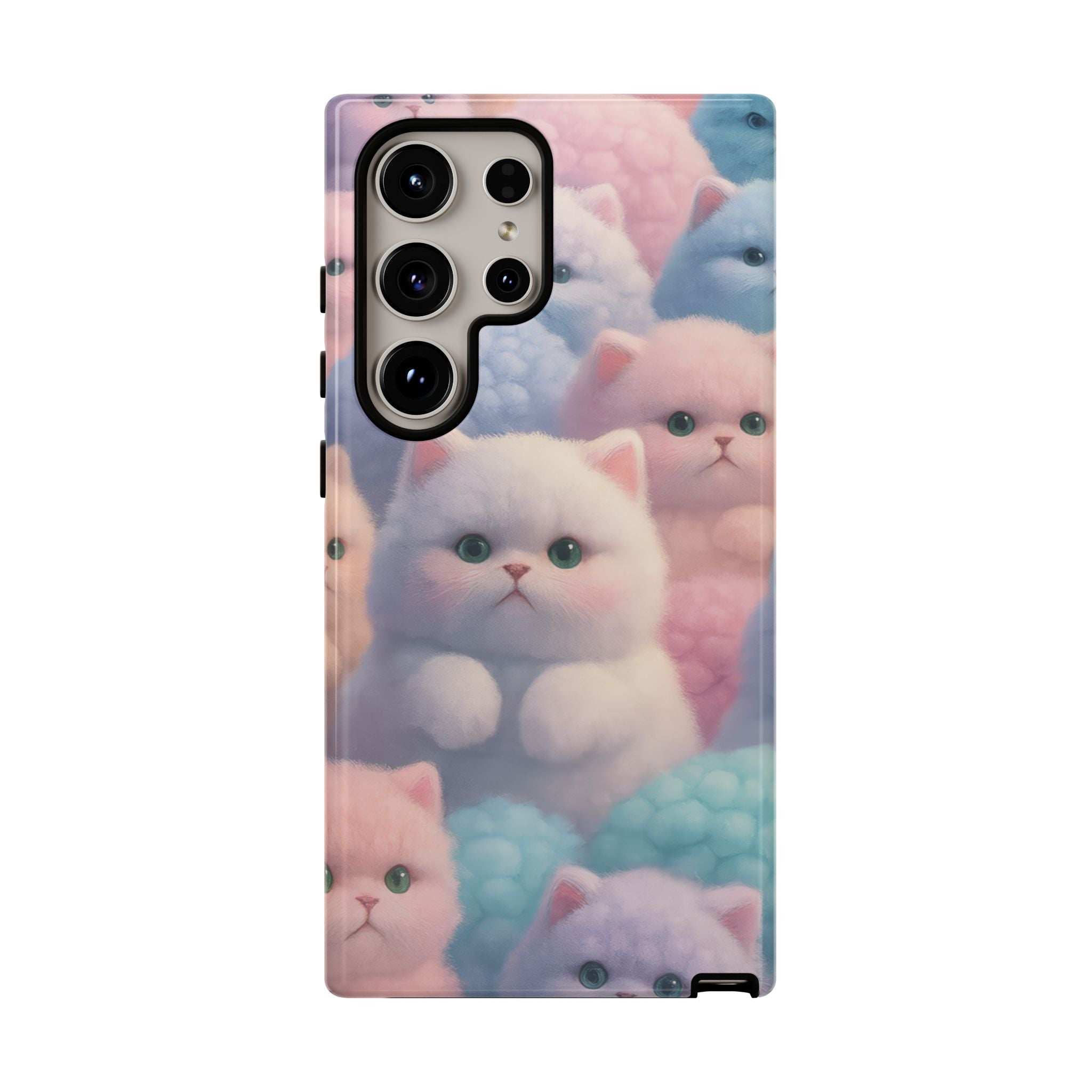 Glossy pastel kitten phone case with cat faces, back view with triple camera cutout