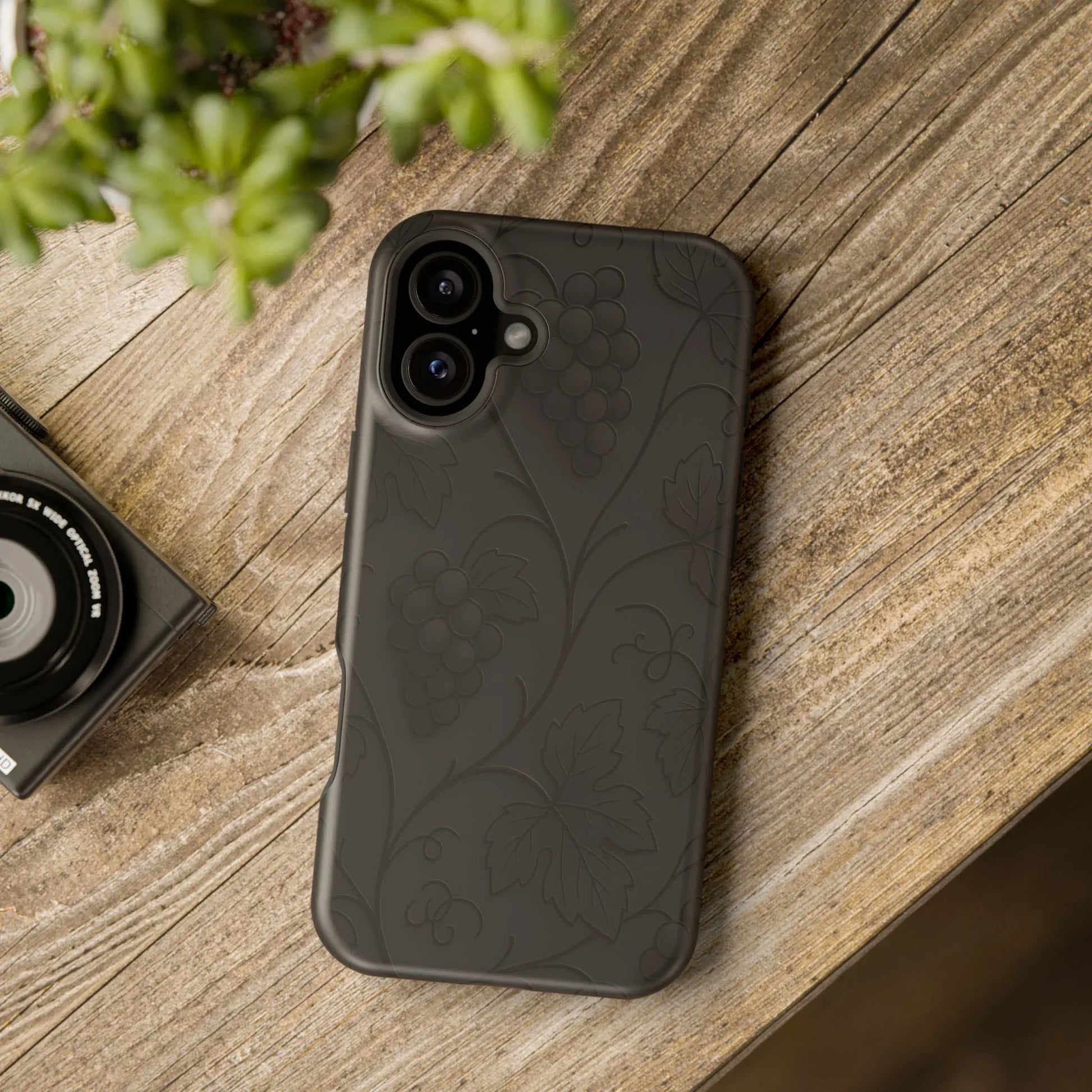 Elegant Embossed Grape Leaf Black Phone Case for iPhone and Galaxy - KARARMDESIGN