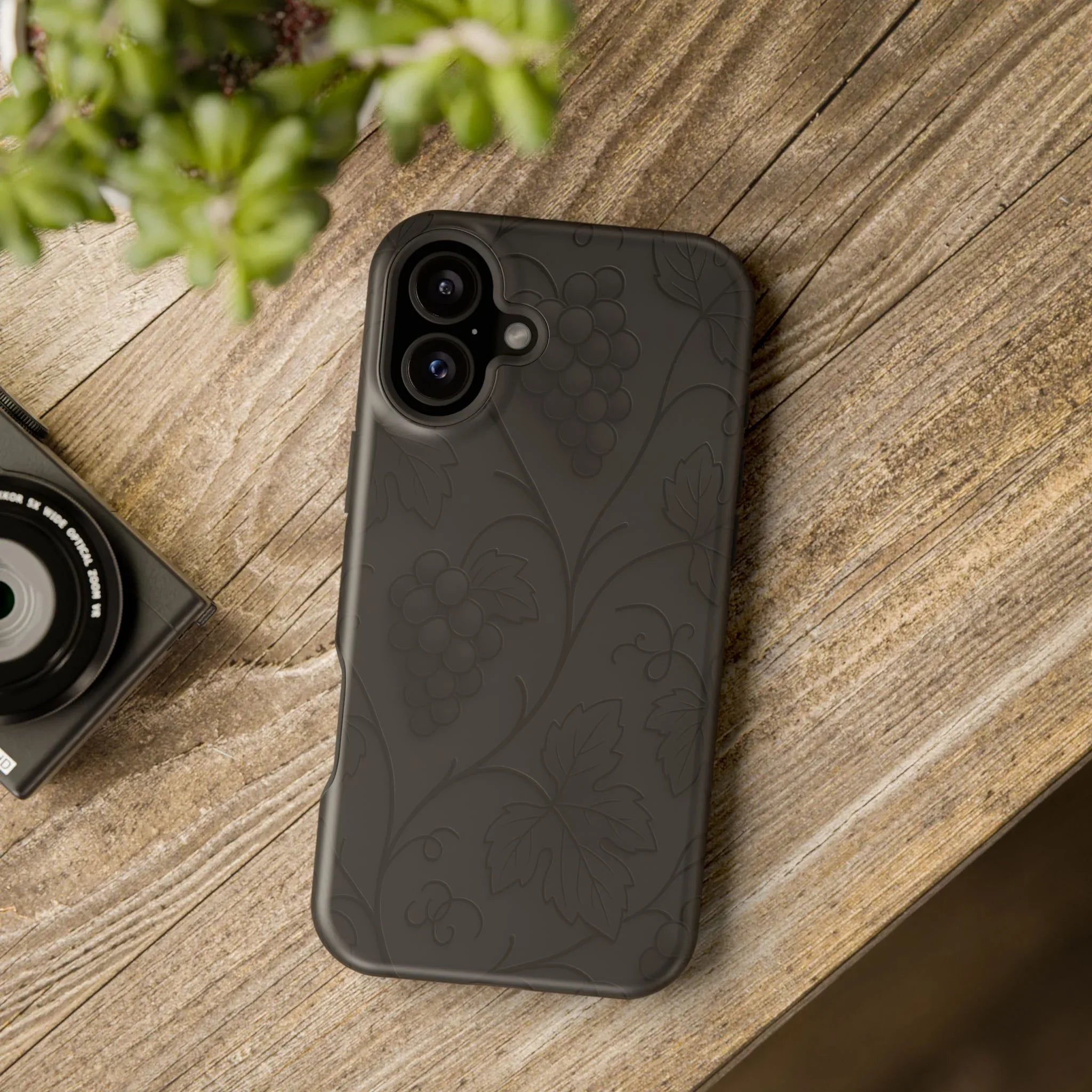 Elegant Embossed Grape Leaf Black Phone Case for iPhone and Galaxy - KARARMDESIGN