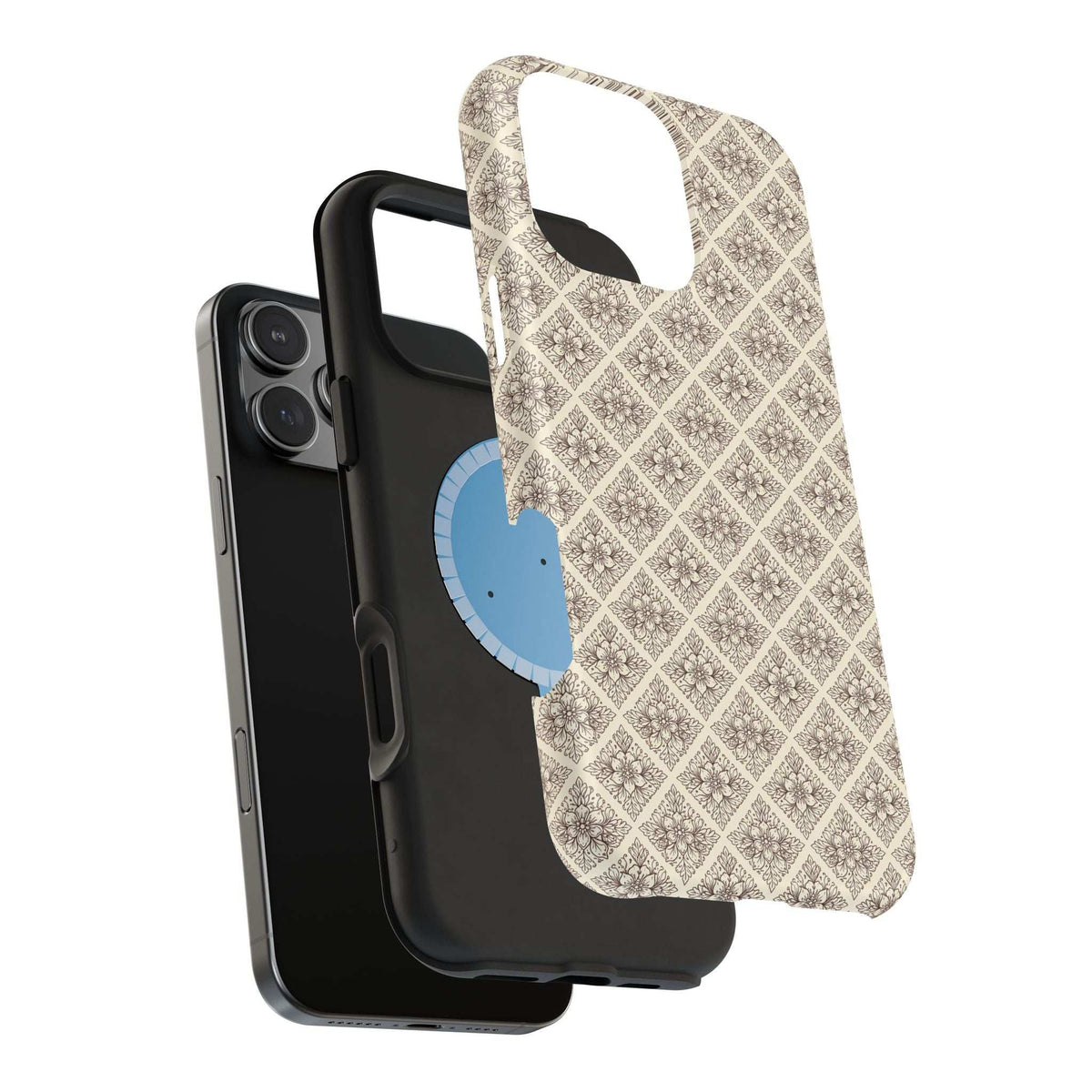 Ornate beige phone case with geometric pattern and blue key graphic, layered view.