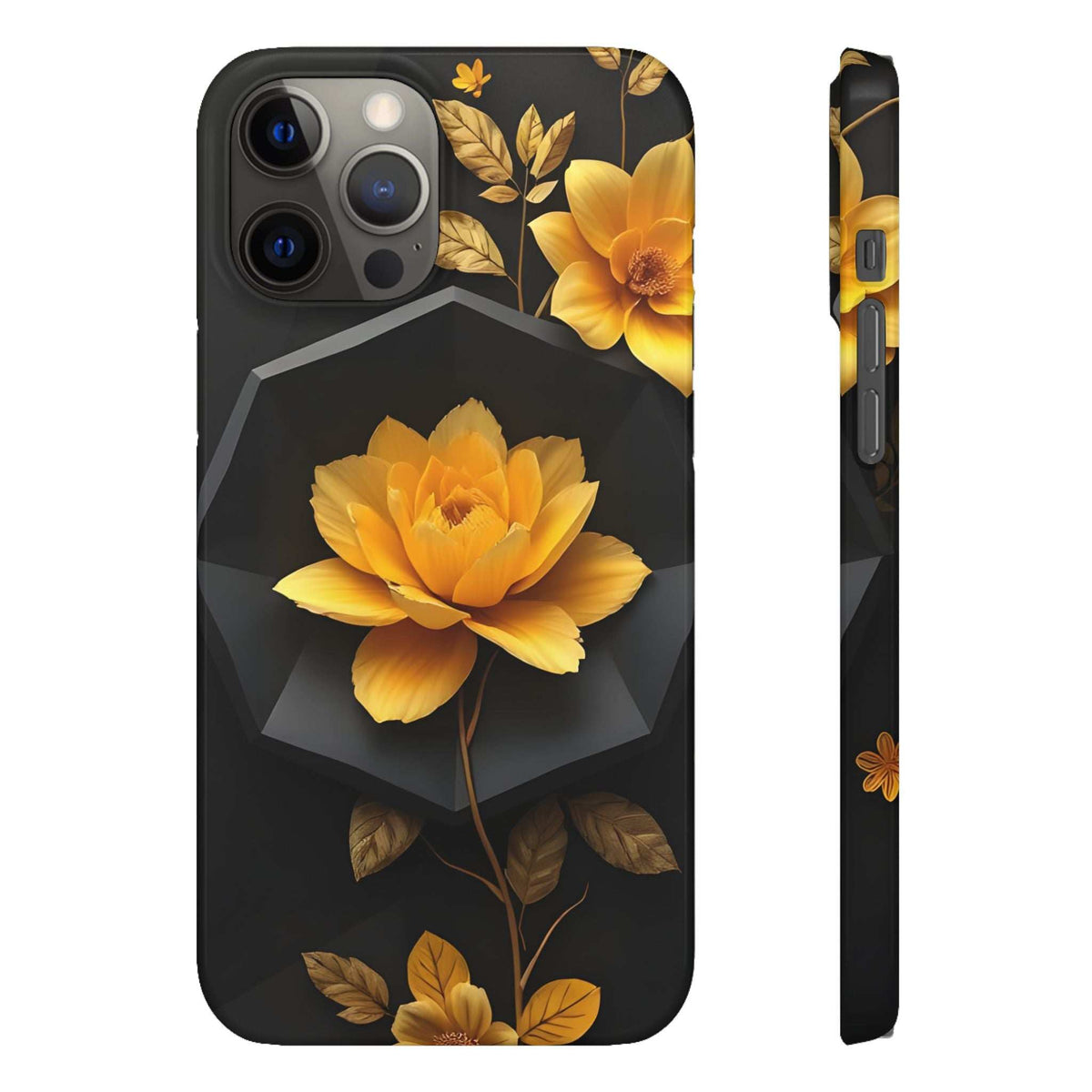 Black phone case with large yellow rose flower and golden leaf accents, camera cutouts