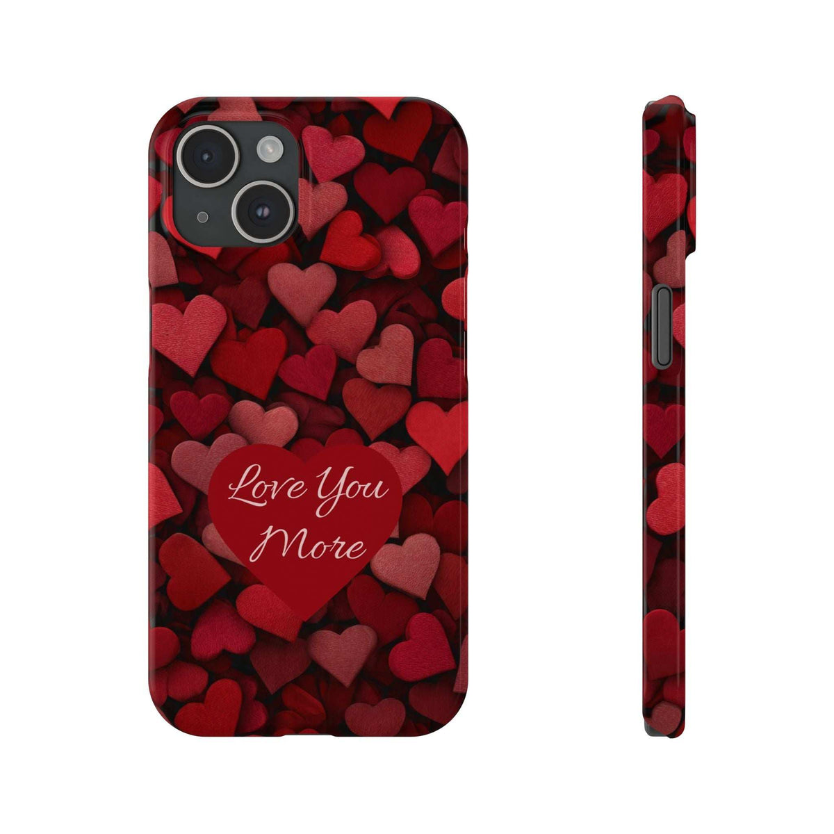 Red heart-pattern phone case with “Love You More” script; smooth back with camera cutout