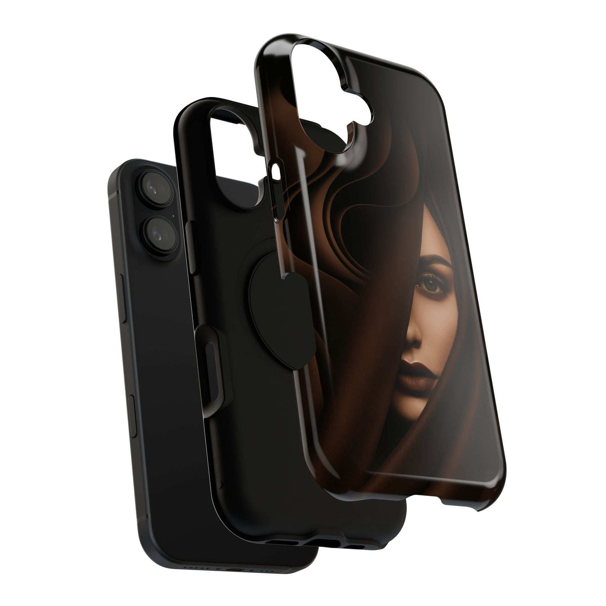 Black phone case with moody woman portrait and clear screen protector over front