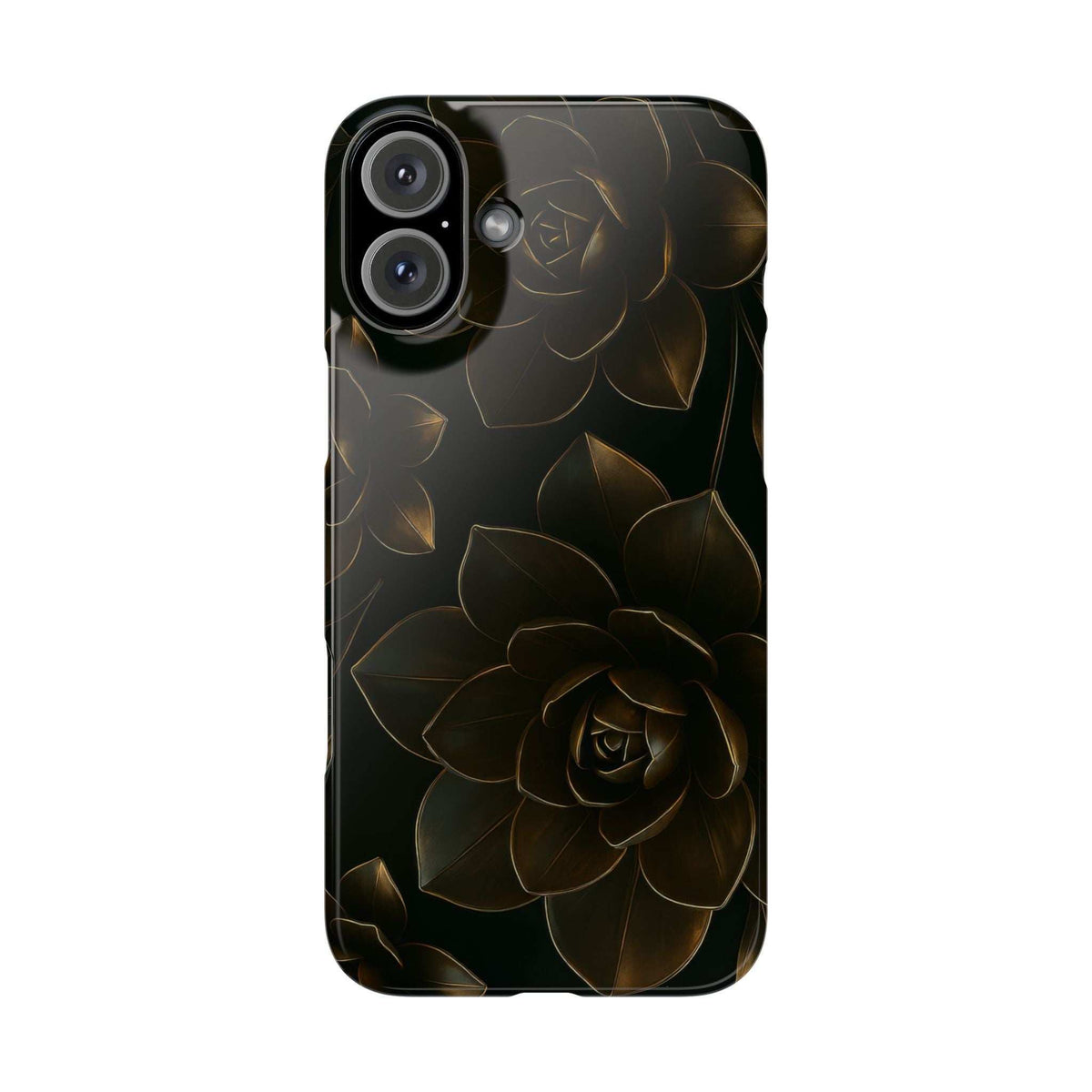Glossy black phone case with gold rose and leaf metal-flower design, close-up back