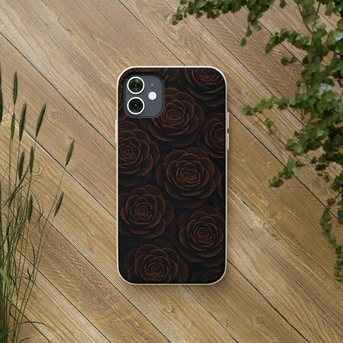 Phone case with dark rose pattern, camera and flash cutouts