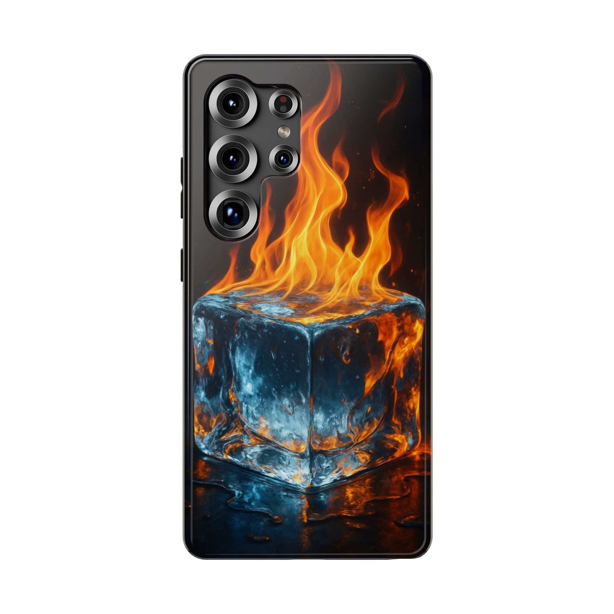 Black glossy phone case with flame-and-ice cube graphic and four-lens camera cutouts