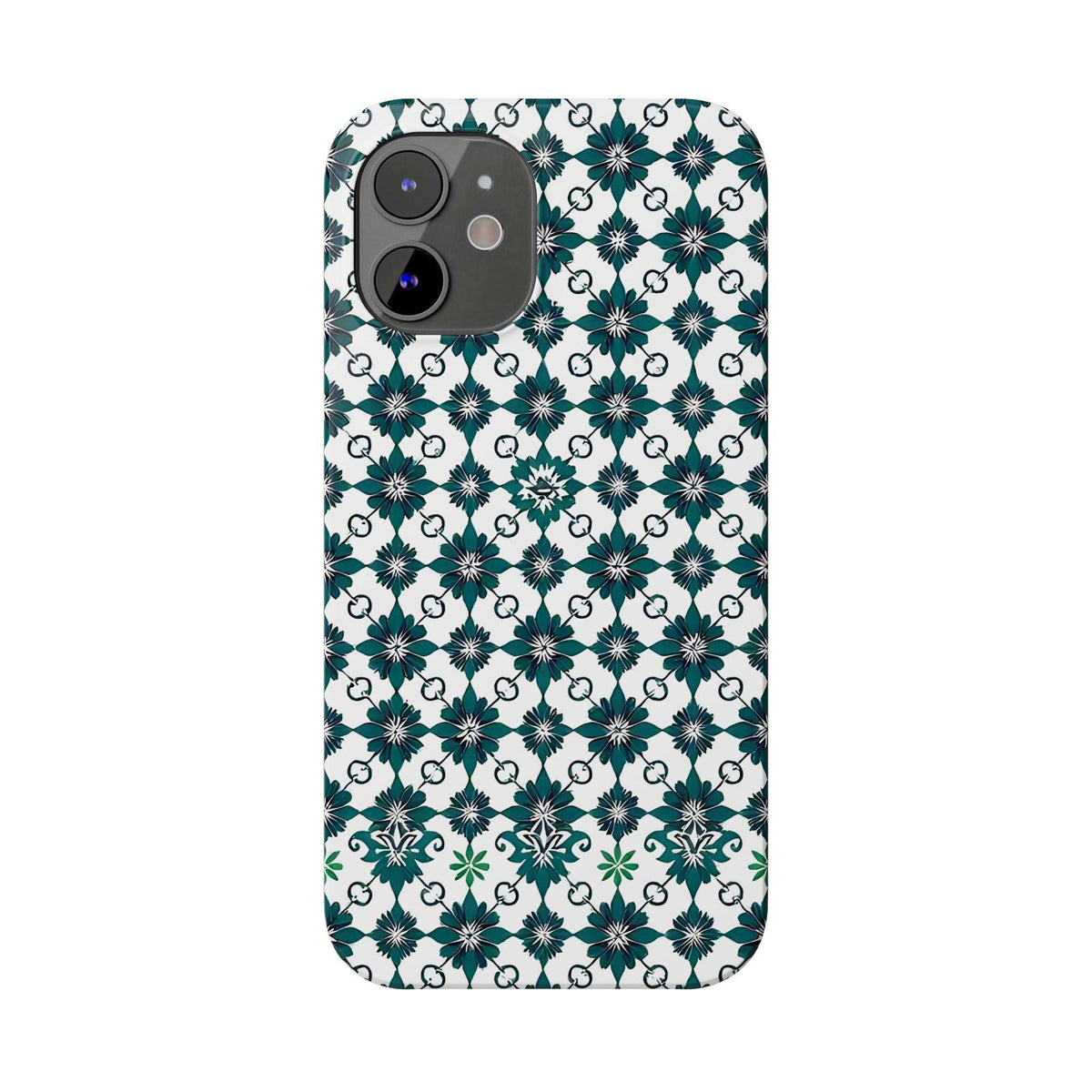 Phone case with white base and teal/green geometric floral pattern; camera cutouts