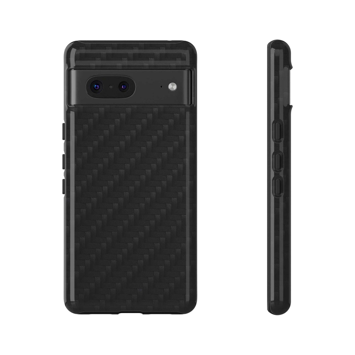 Black carbon fiber phone case with camera cutouts on back and side buttons, back and side view.