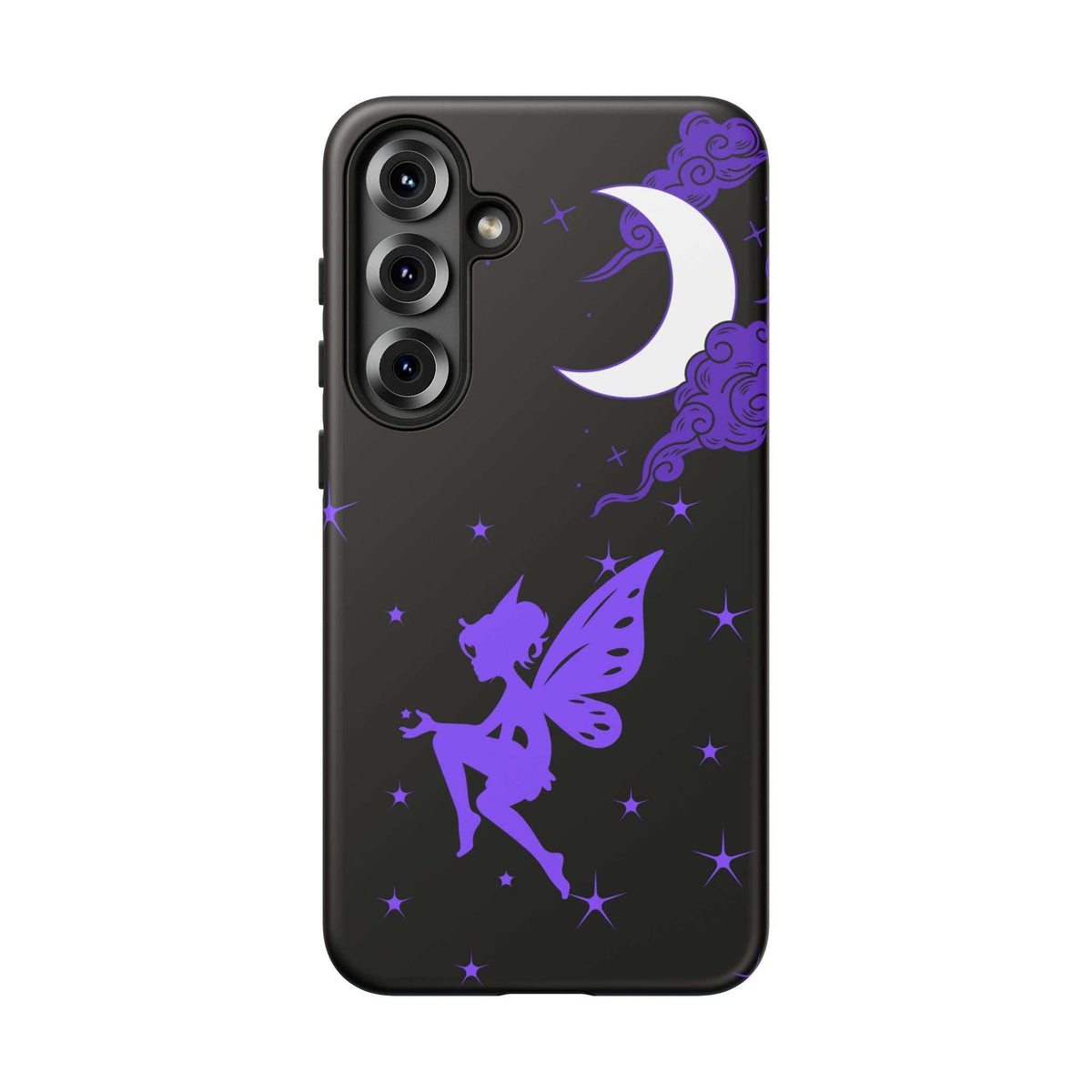 Black phone case showing purple fairy figure, crescent moon, and star sparkles; curved edges