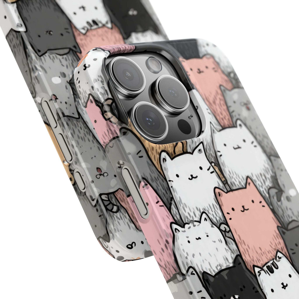 iPhone 11-17 cat patterned phone case, angled view showing side buttons and camera