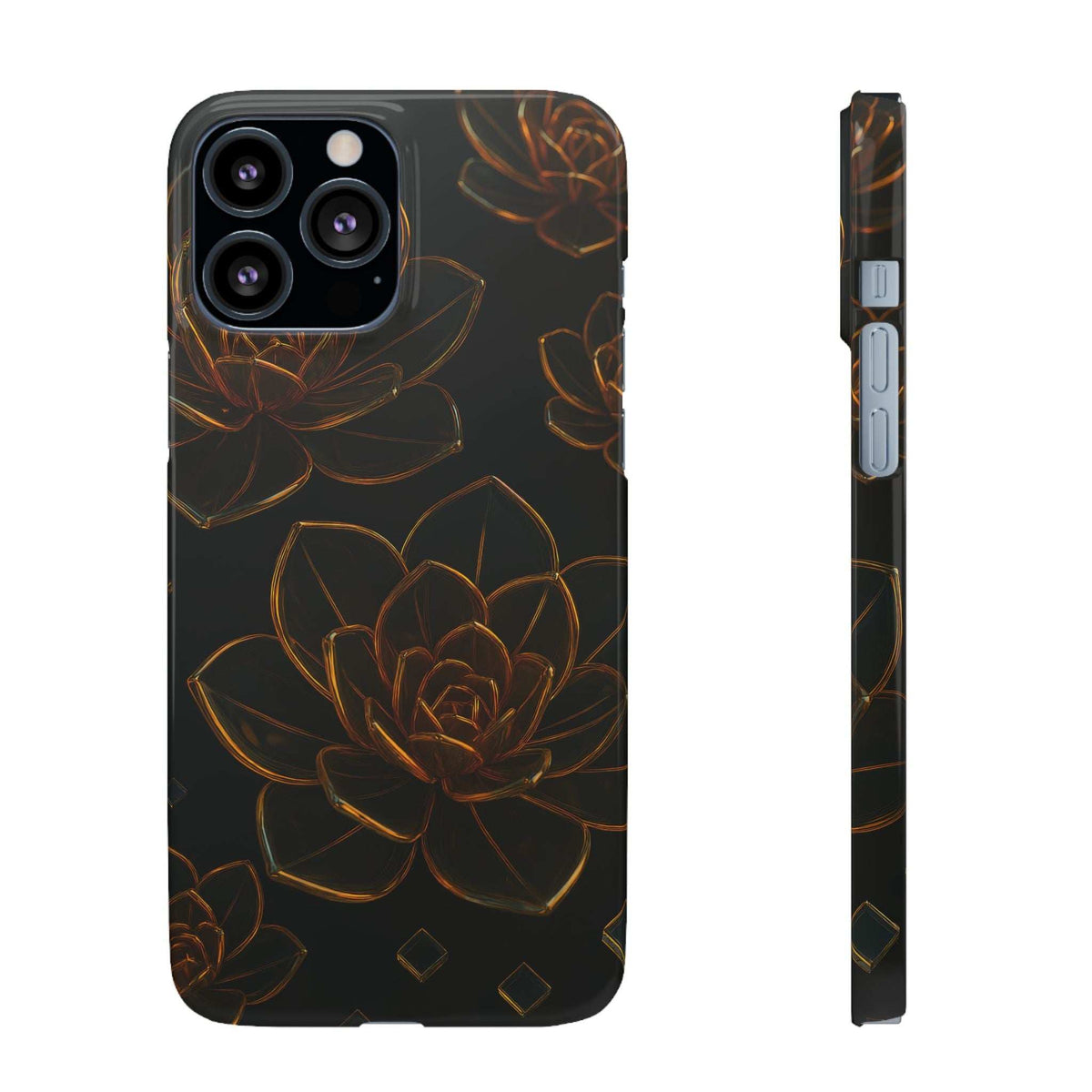 Glossy glass flower phone case with orange succulent line art on black; side access ports
