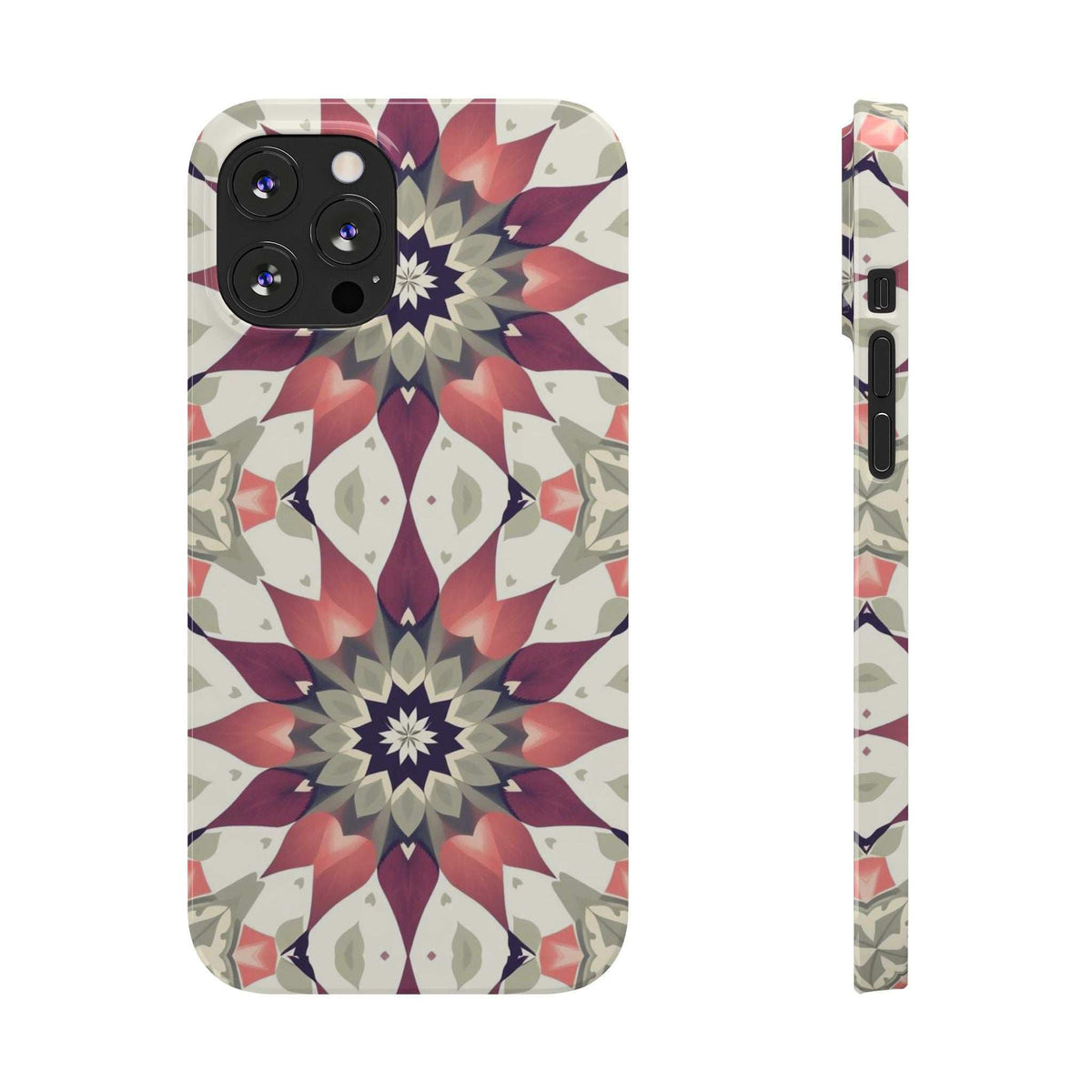 Smartphone phone case front view with burgundy, navy, and beige floral mandala design