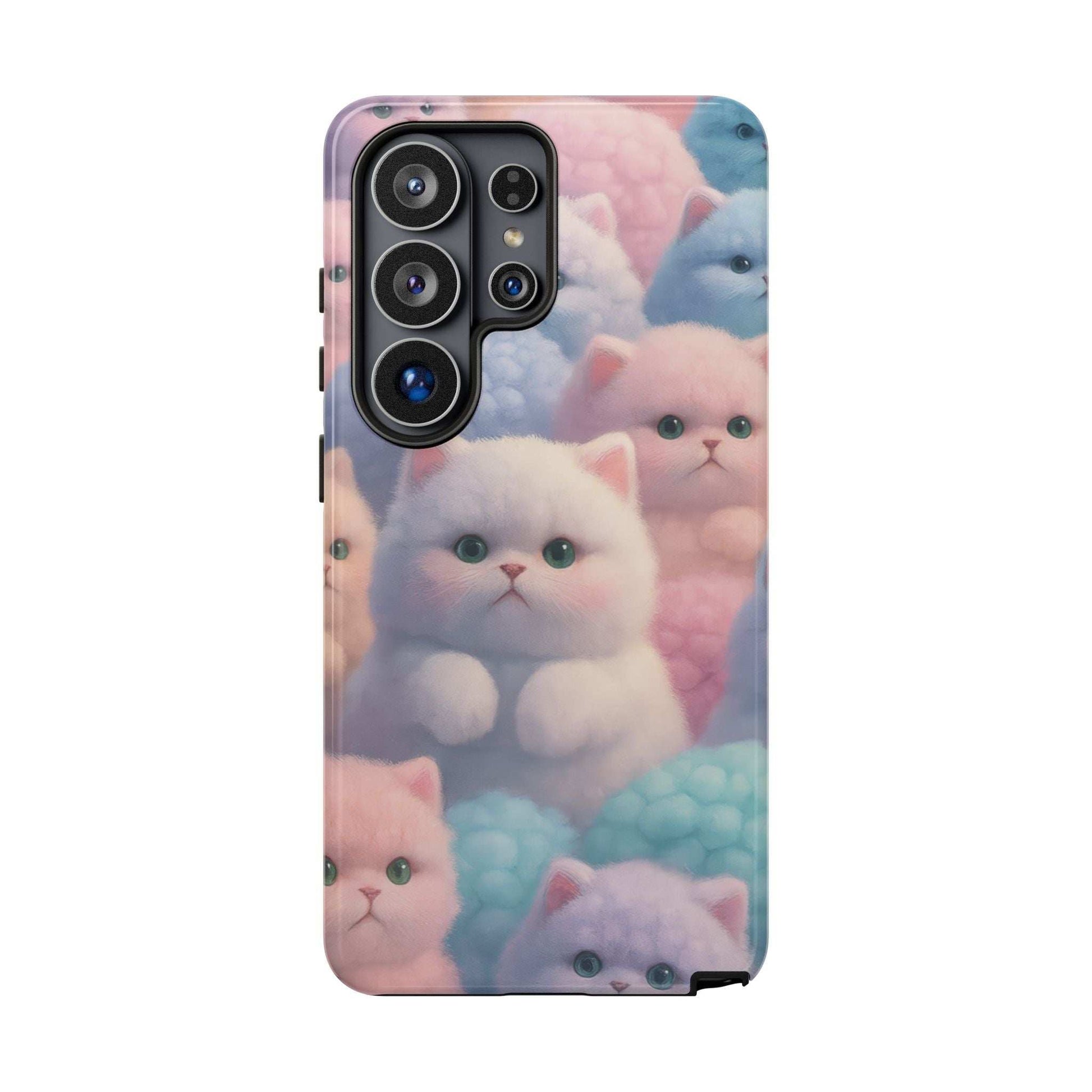 Glossy pastel kitten phone case with multi-lens camera openings and cat face print
