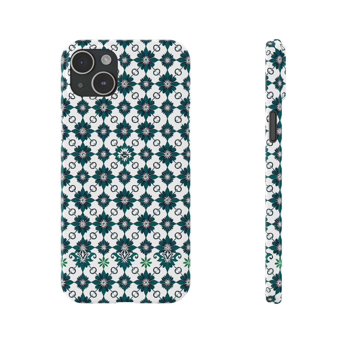 Phone case with teal/green floral geometric print on white; strap and camera openings