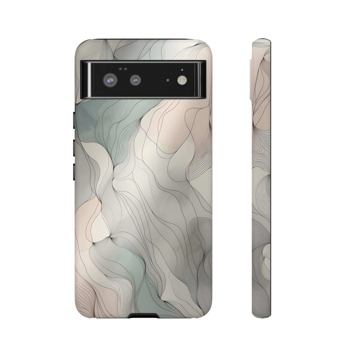 Pastel wave phone case with beige and light blue abstract wave lines; side view