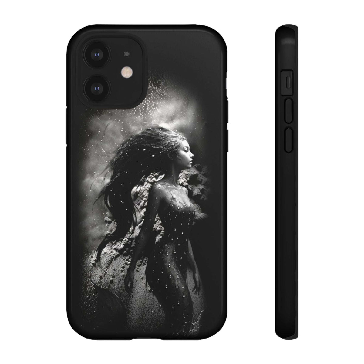 Black phone case with grayscale mermaid portrait, camera cutouts, and side profile view.