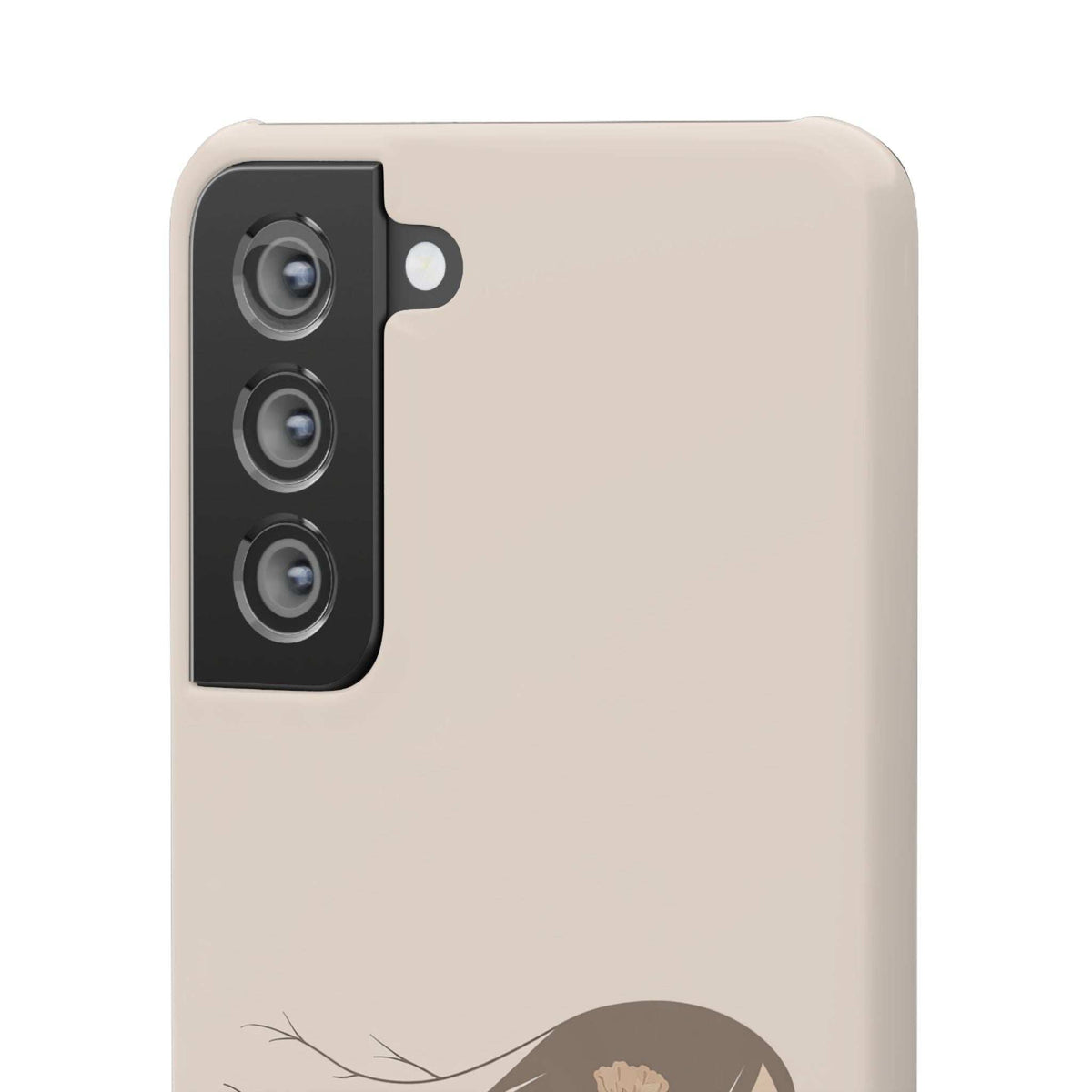 Beige phone case with floral silhouette, close-up of vertical camera cutout and camera bump shield