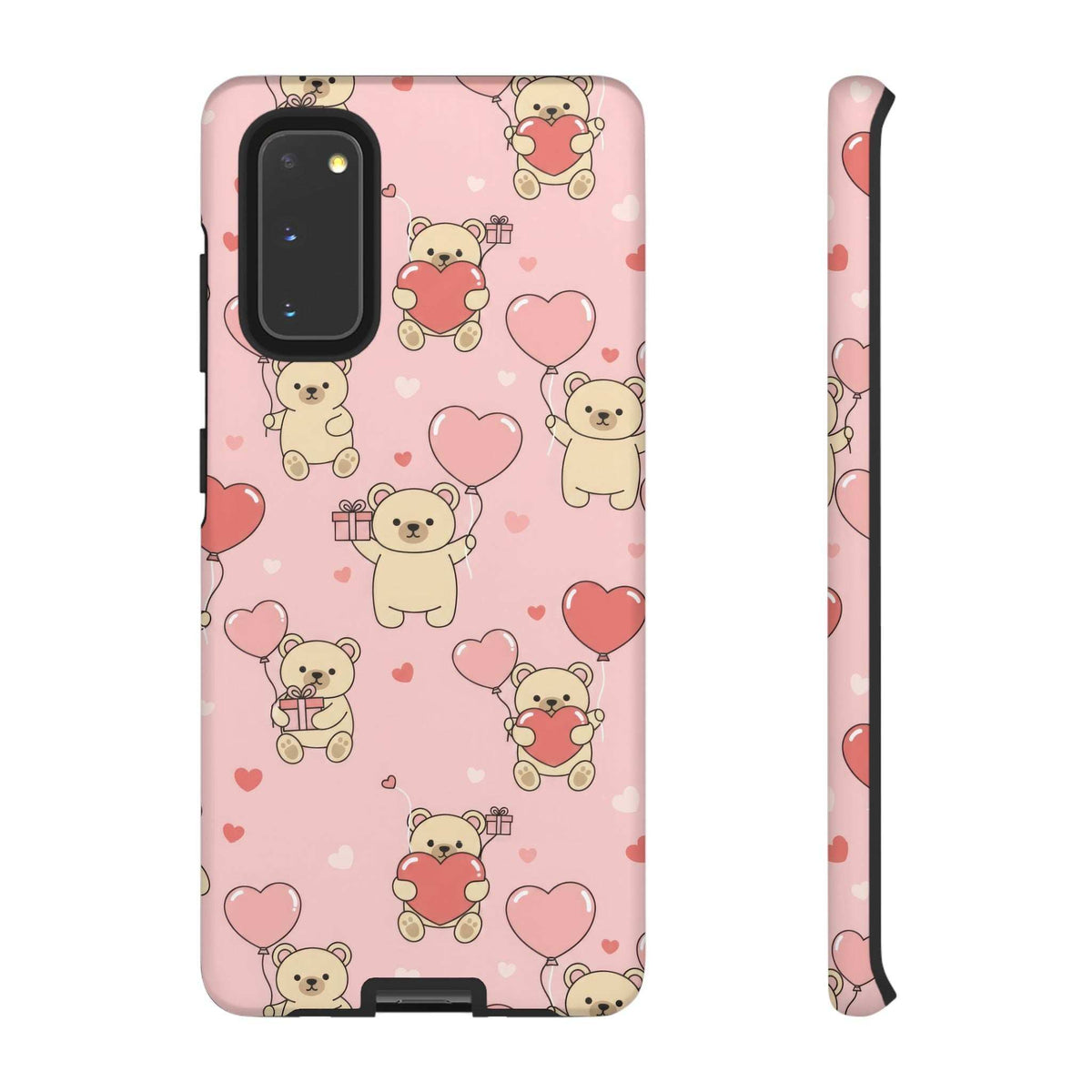 Pink phone case with teddy bear and heart pattern, with camera cutout and side profile