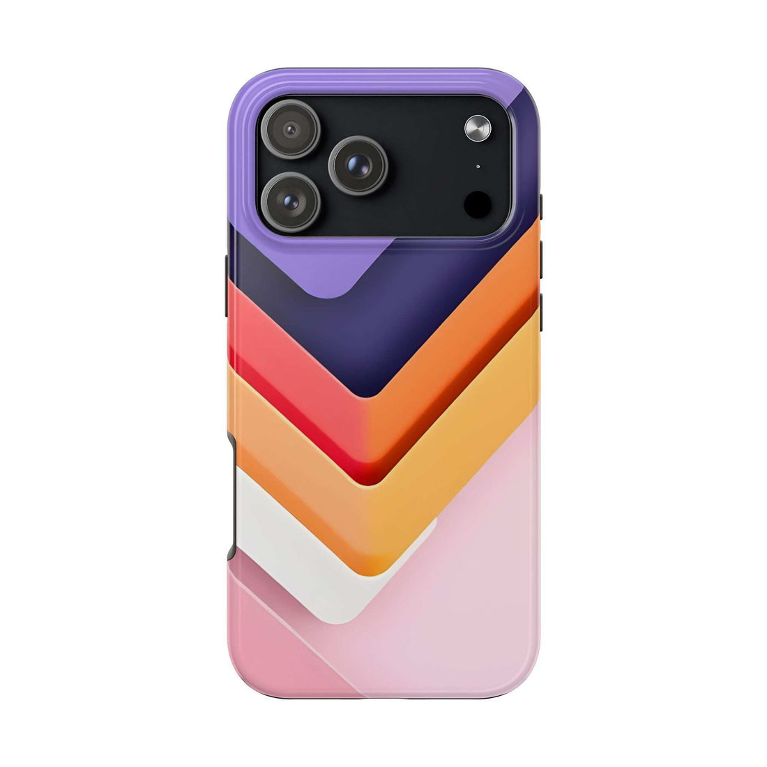 Phone case with purple, orange, yellow and white chevron stripes and black camera cutouts