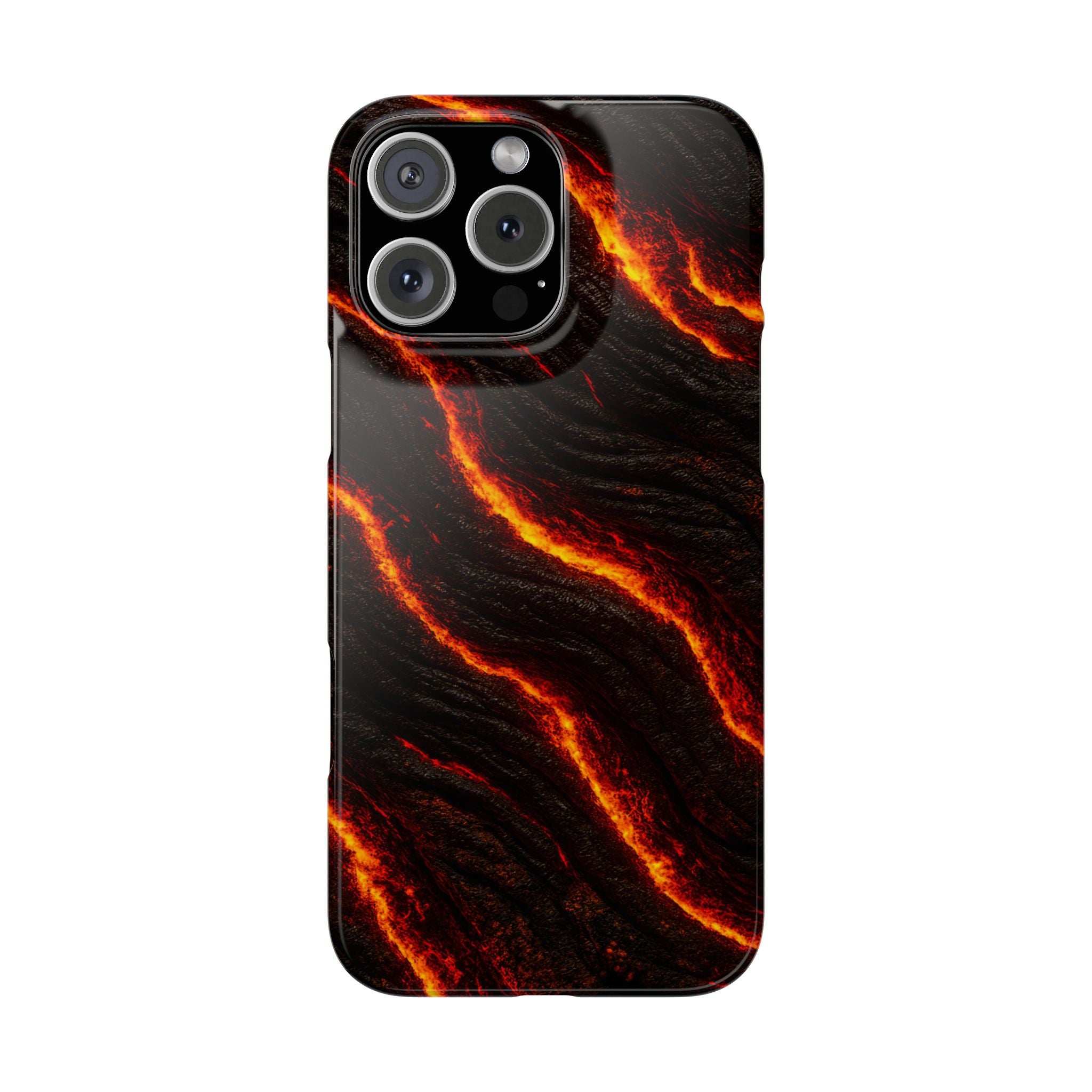 Black lava phone case with orange molten lines and large quad camera window.