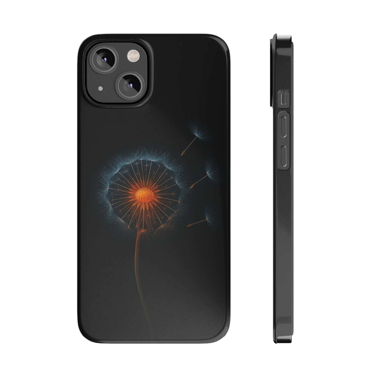 Black phone case with glowing dandelion art; side button and port cutouts visible