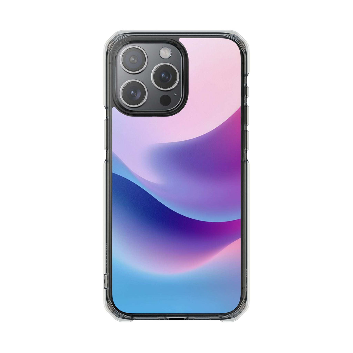 Pastel wave phone case with clear frame and triple-camera module; purple, pink, and blue swirl design
