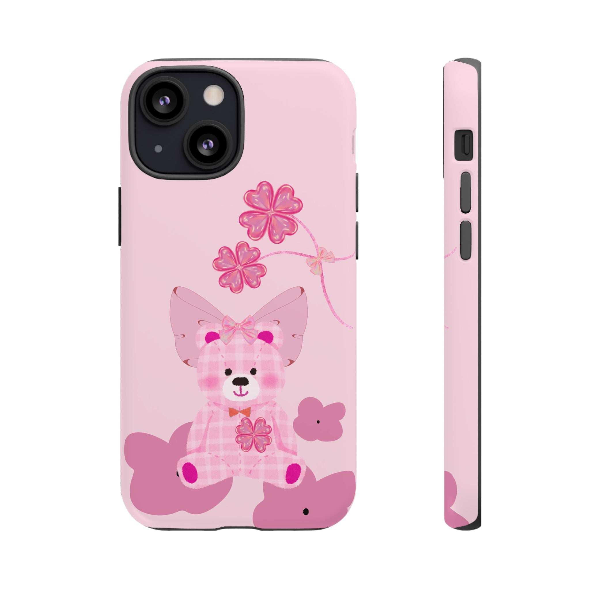 Pink teddy bear phone case with floral bow; back and side profile with openings.