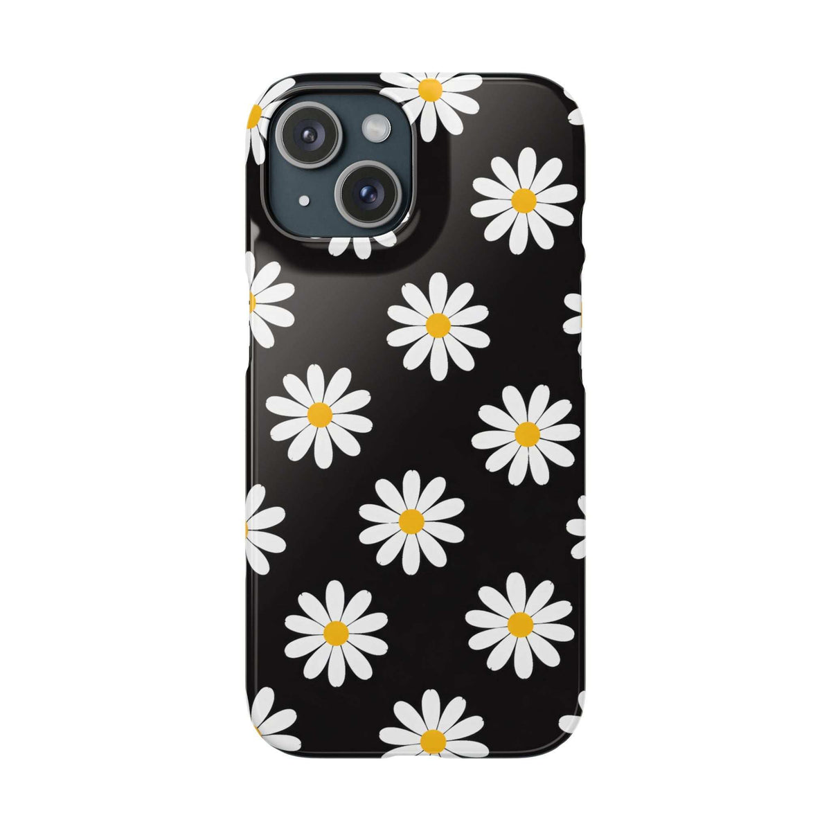 Daisy charm phone case, dark floral design with white daisies and yellow centers; camera