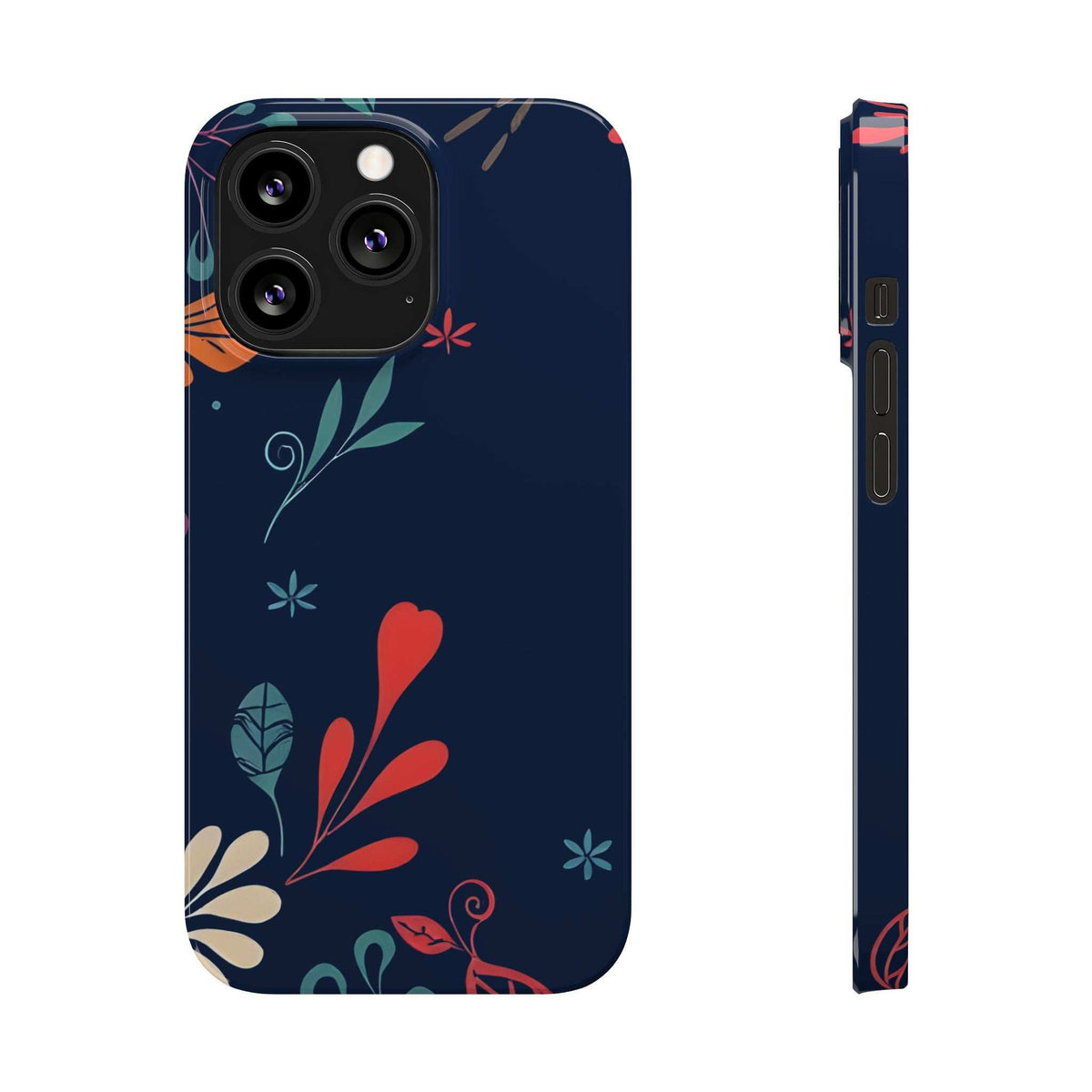 Navy phone case with red heart and botanical stems, camera cutout and side button openings