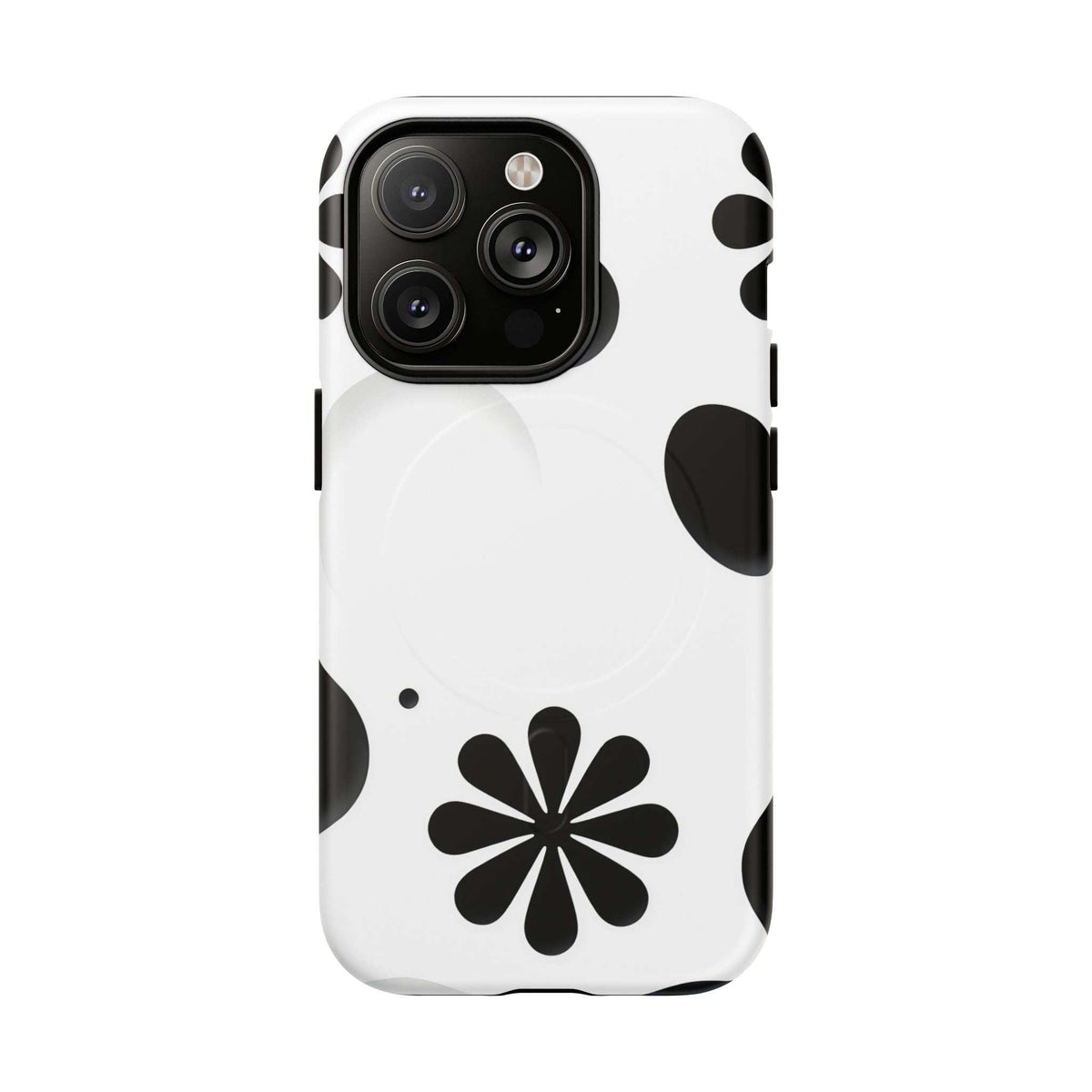 Phone case showing camera cutouts; white with black daisy flower and magnetic side tabs