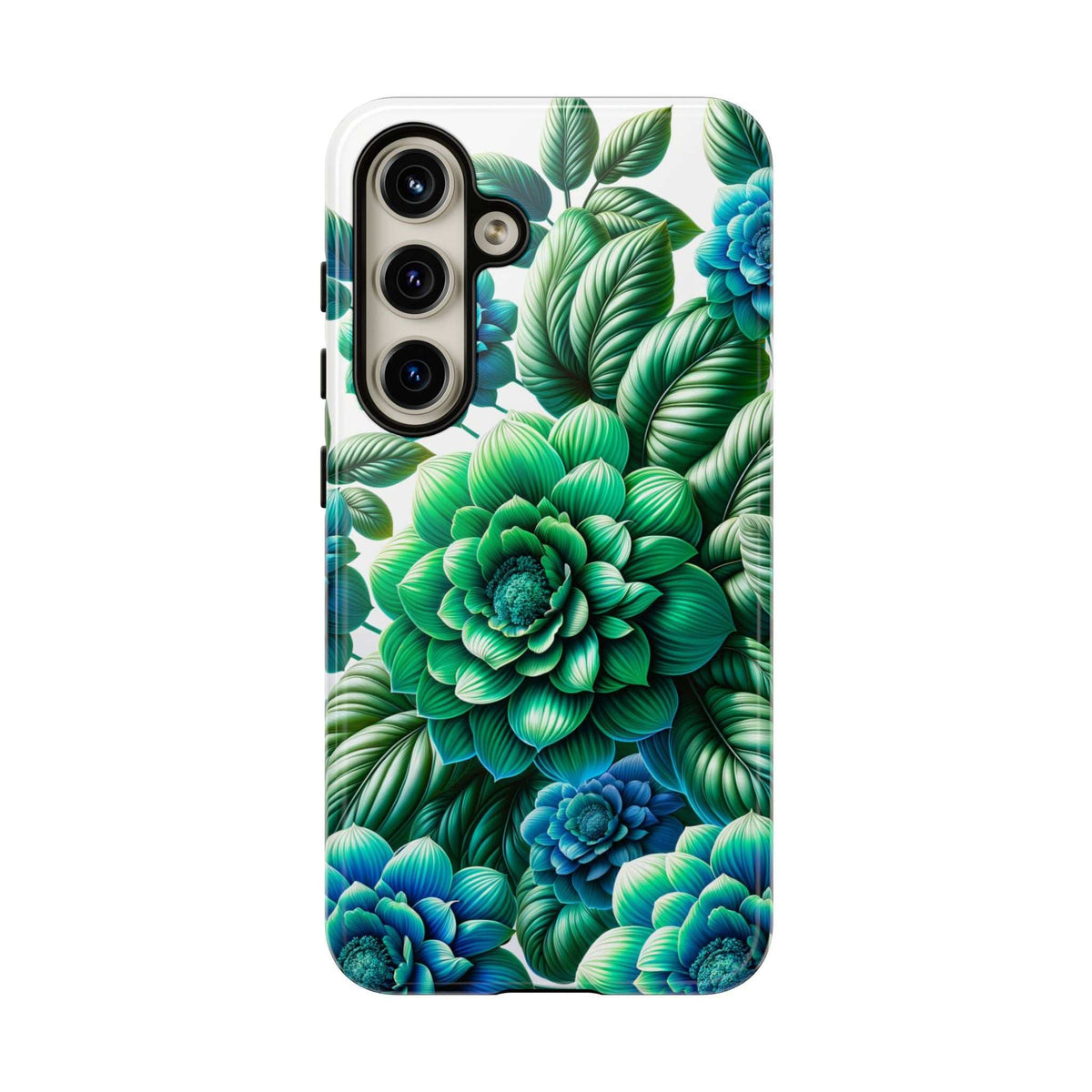 Green and blue floral phone case with camera cutouts, front angled view.