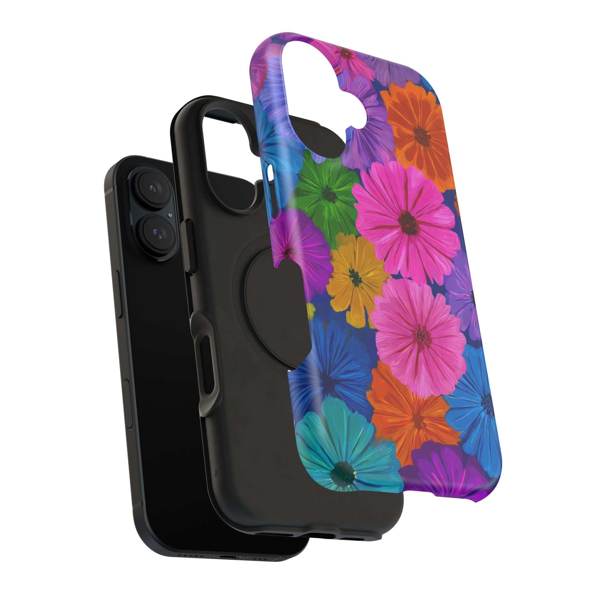 Floral bloom phone case with multicolor flowers, camera cutouts, and side button access