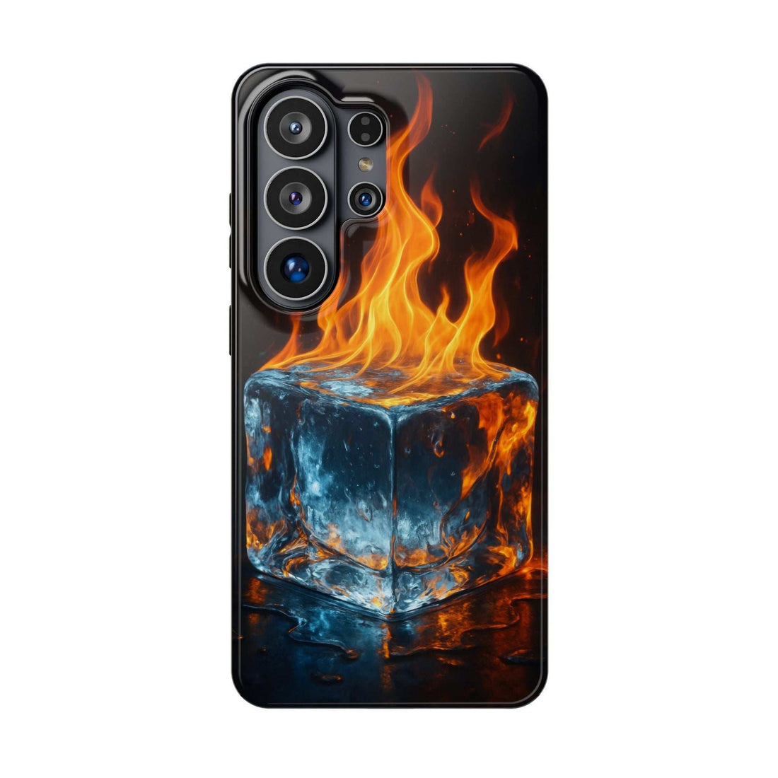 Phone case with glossy black flame-and-ice cube design, multiple camera cutouts on back.
