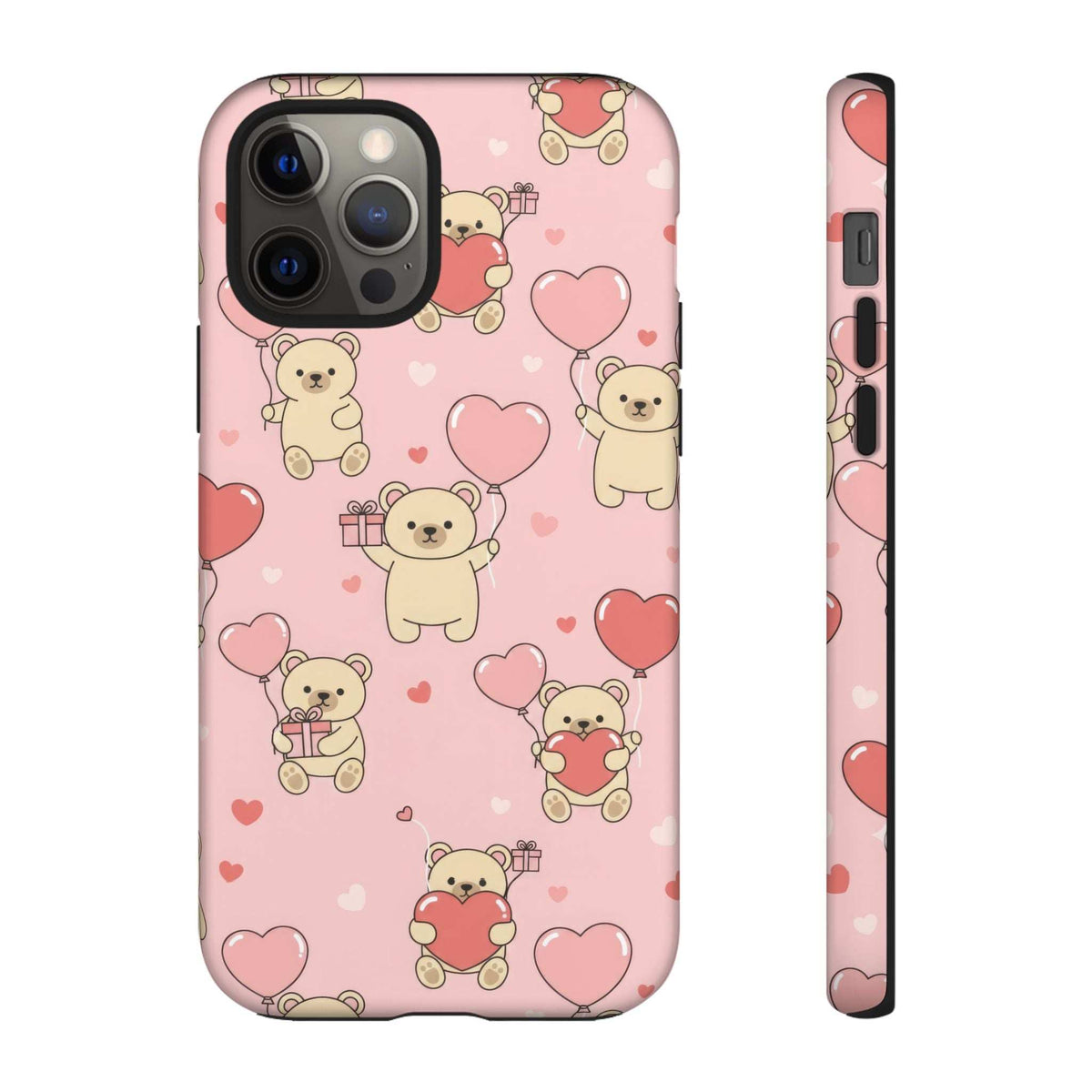 Pink teddy bear phone case with heart pattern, front view with camera cutouts