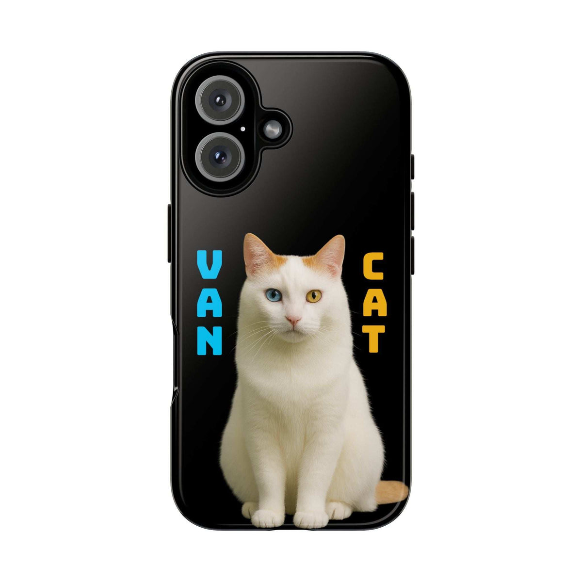 Glossy black phone case with white cat graphic, camera cutouts, and side button openings.