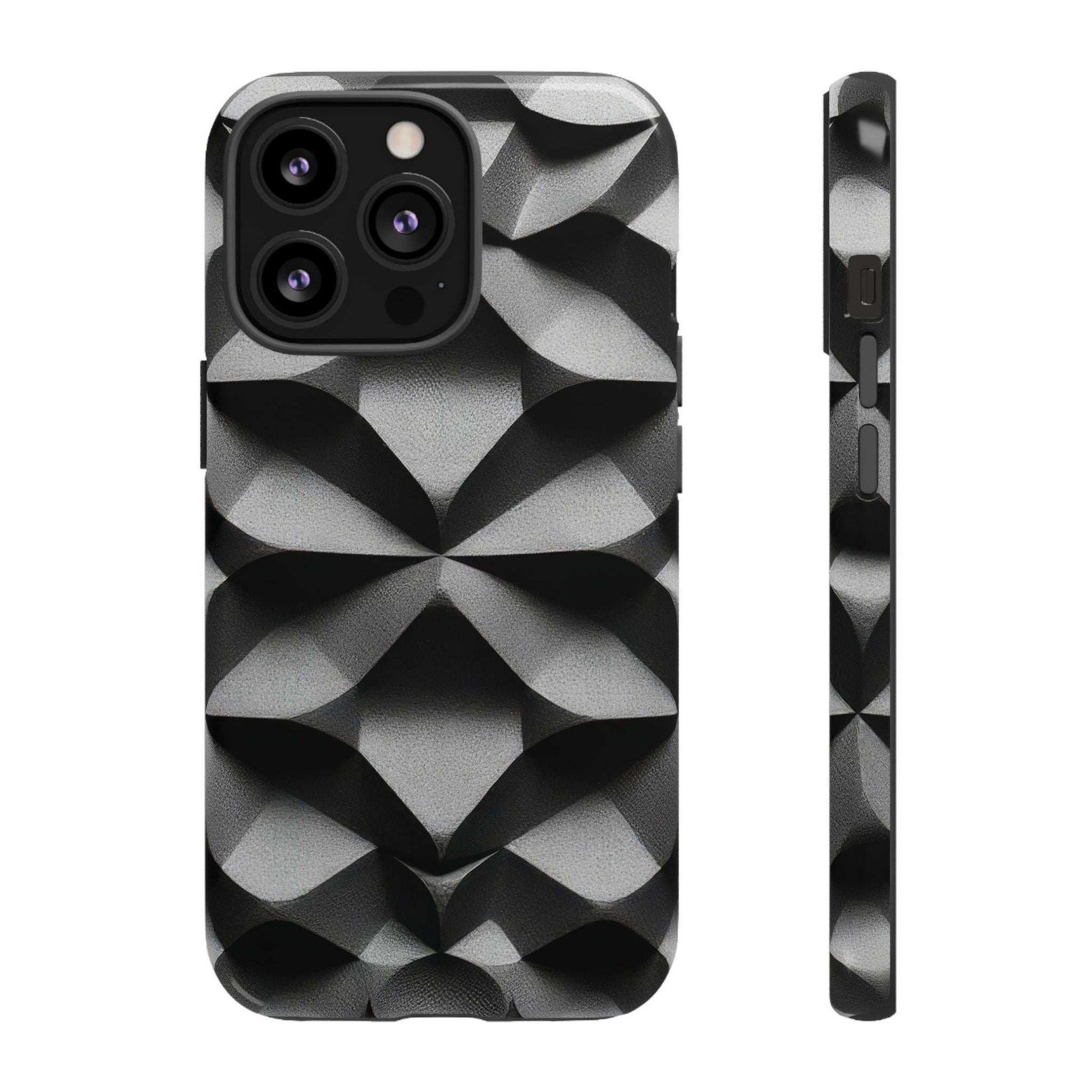 Black rugged phone case with silver 3D geometric diamonds; side buttons and camera openings