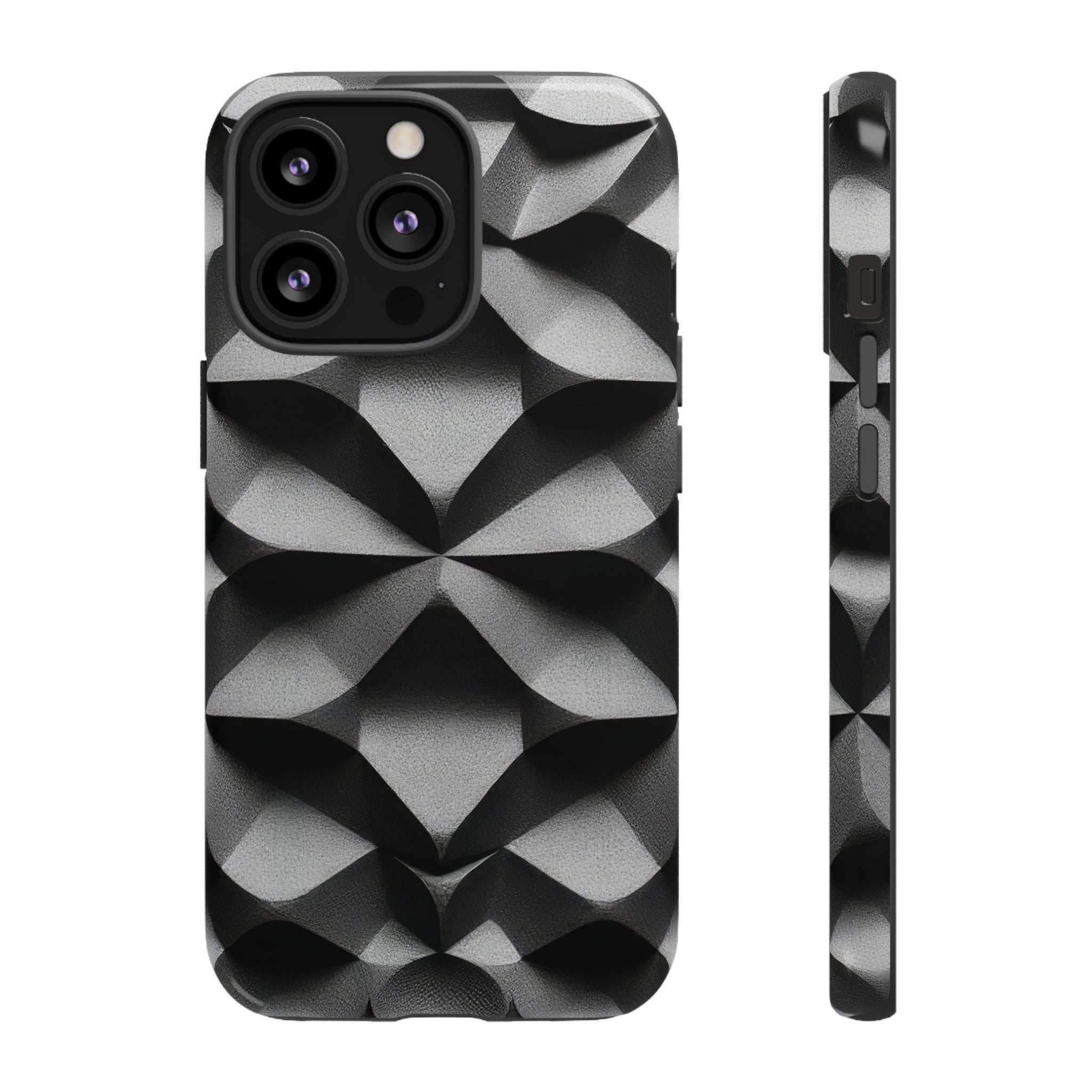 Black rugged phone case with silver 3D geometric diamonds; side buttons and camera openings