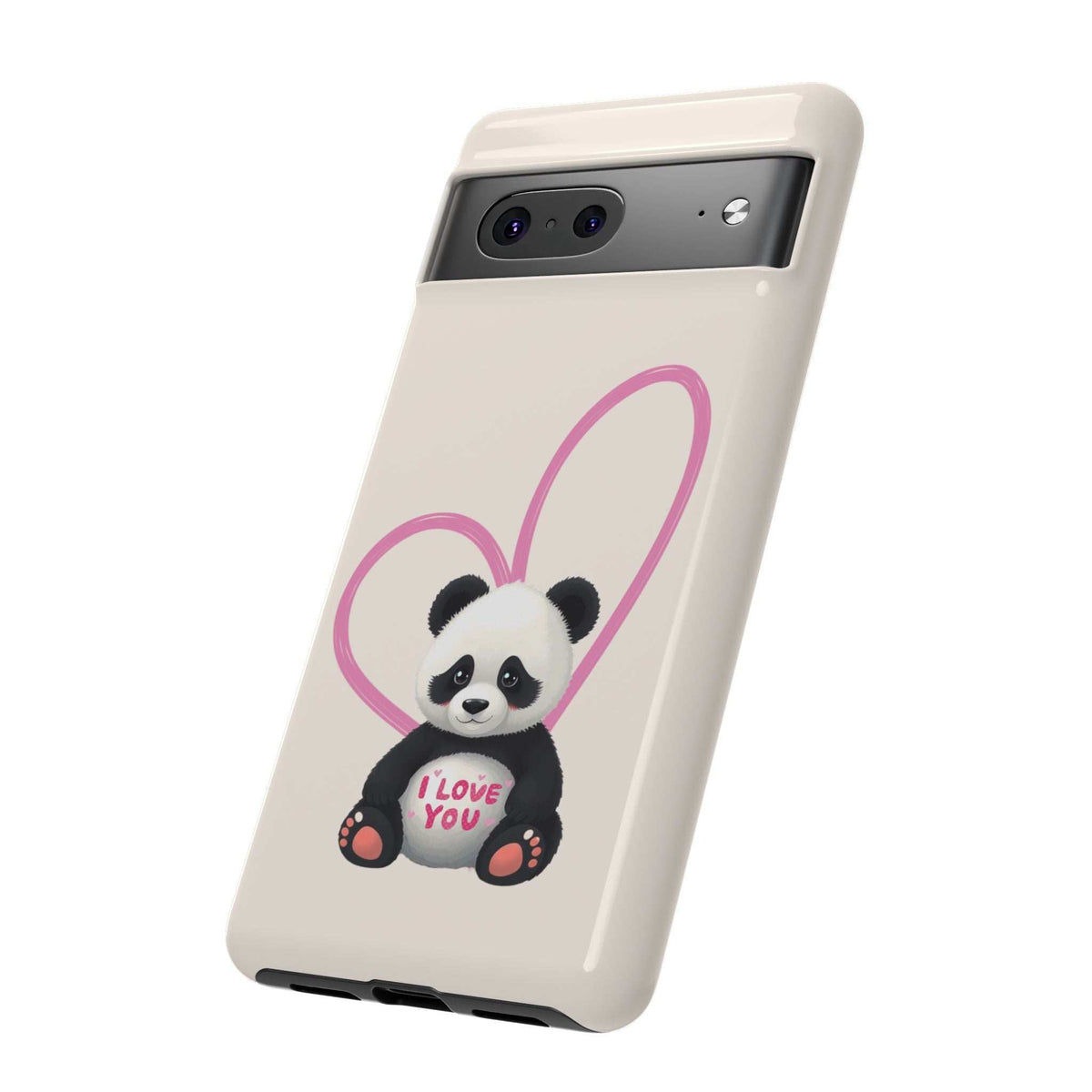 Angled view of cream phone case with panda in pink heart outline
